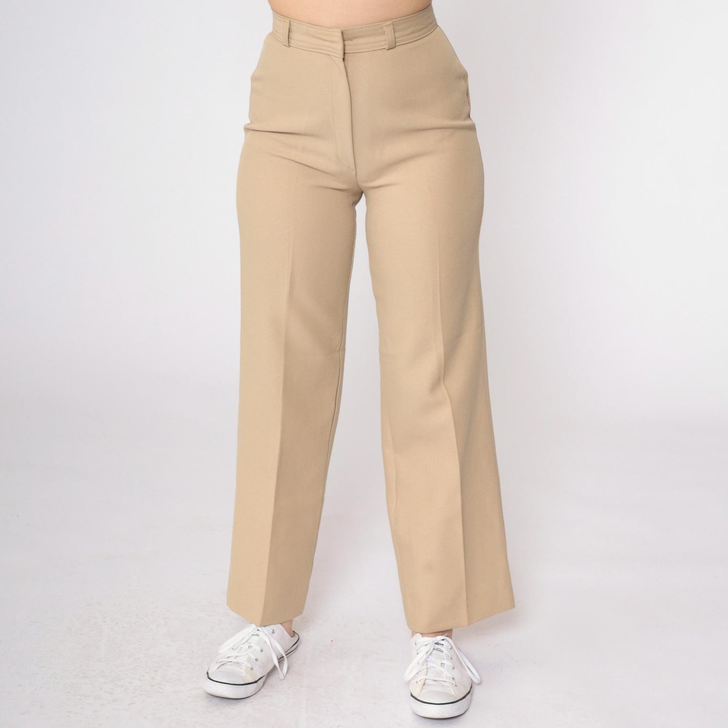 70s Tan Straight Leg High Rise Trousers Creased Vintage XS
