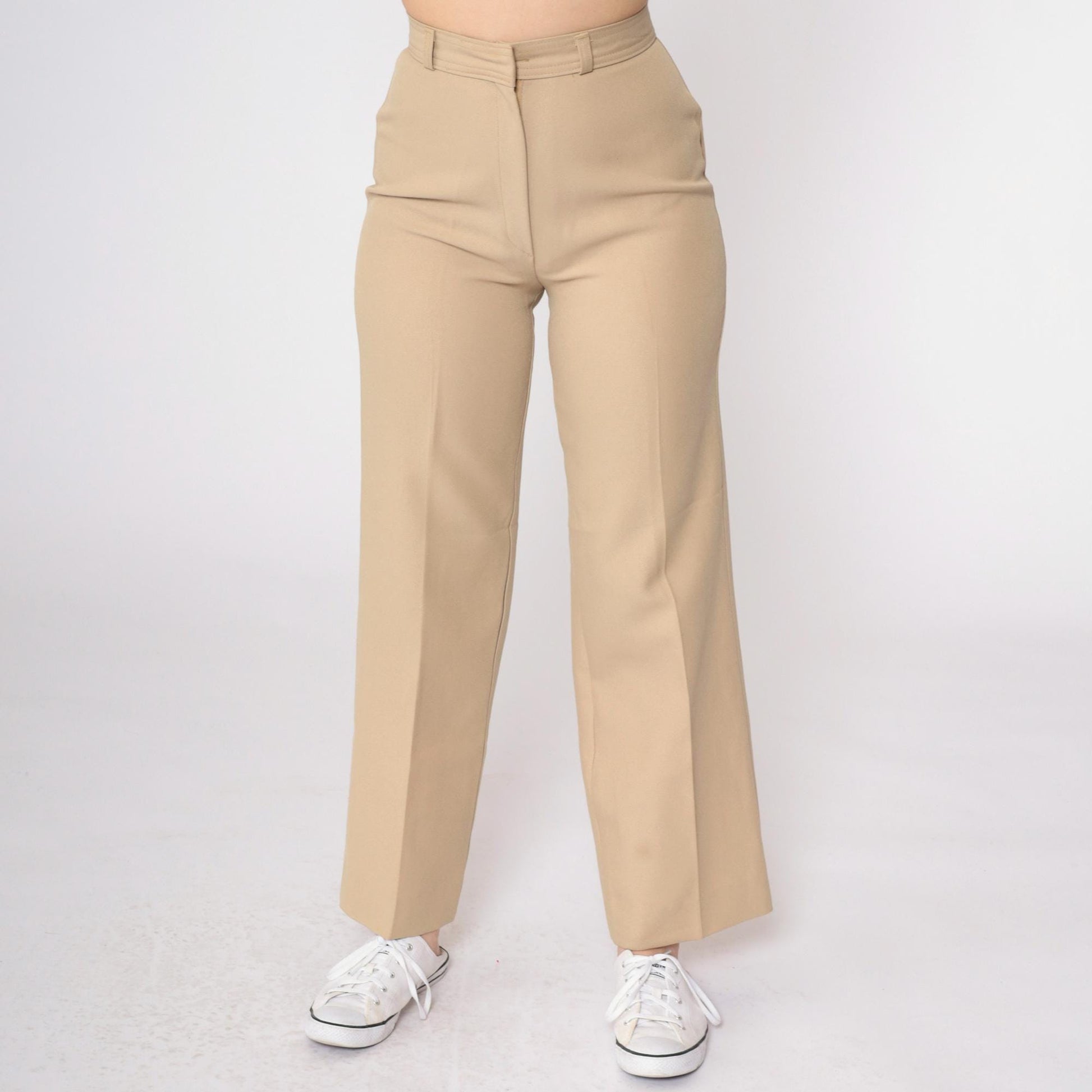 70s Tan Straight Leg High Rise Trousers Creased Vintage XS