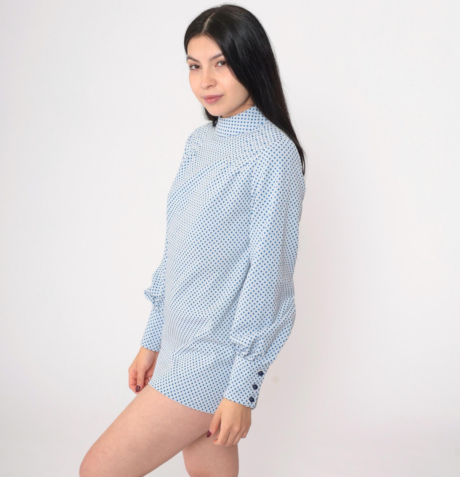 60s Mod Blouse White Blue Polka Dot Mock Neck Long Sleeve Small