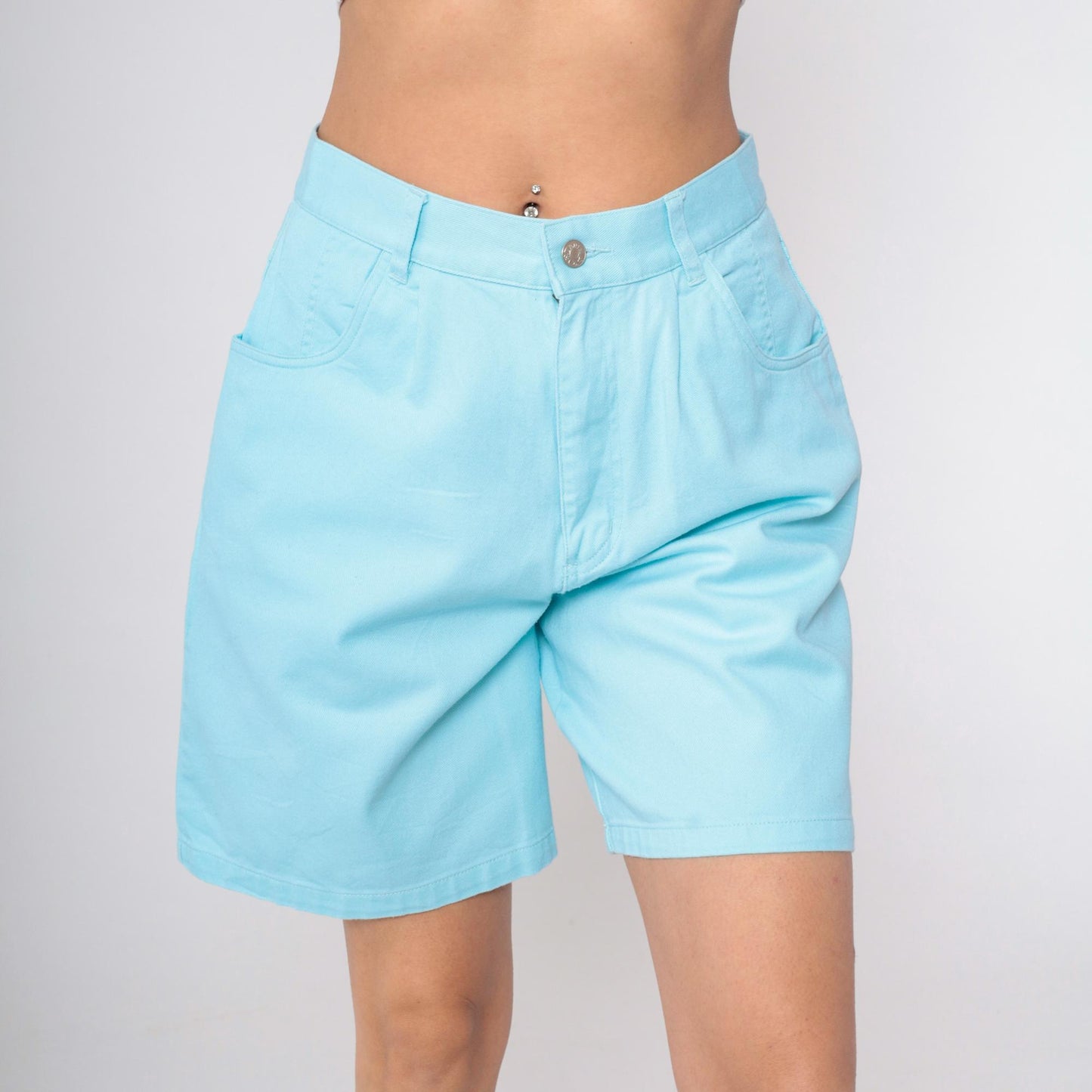90s Denim & Co High-Waisted Jean Shorts Bright Blue Pleated Large