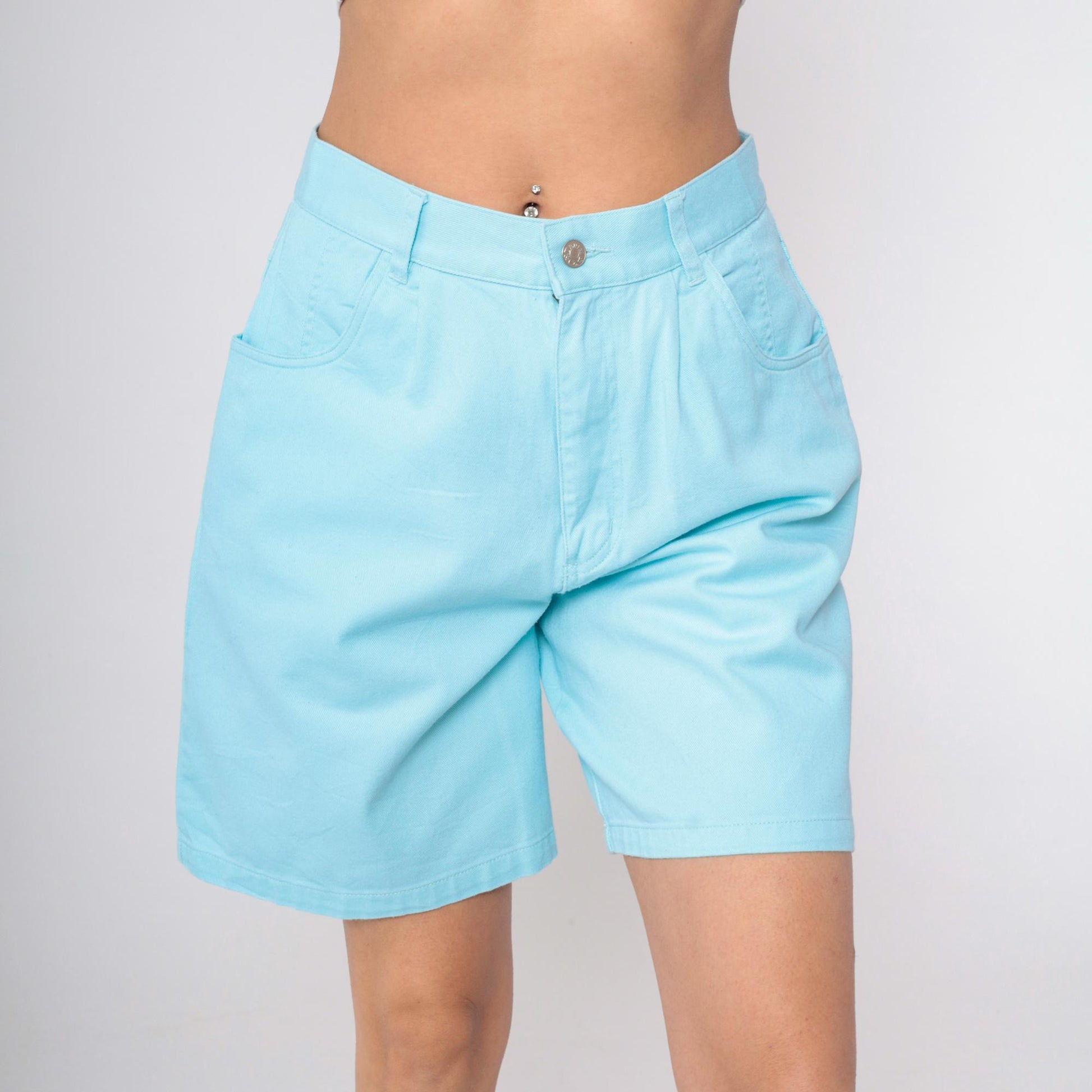 90s Denim & Co High-Waisted Jean Shorts Bright Blue Pleated Large