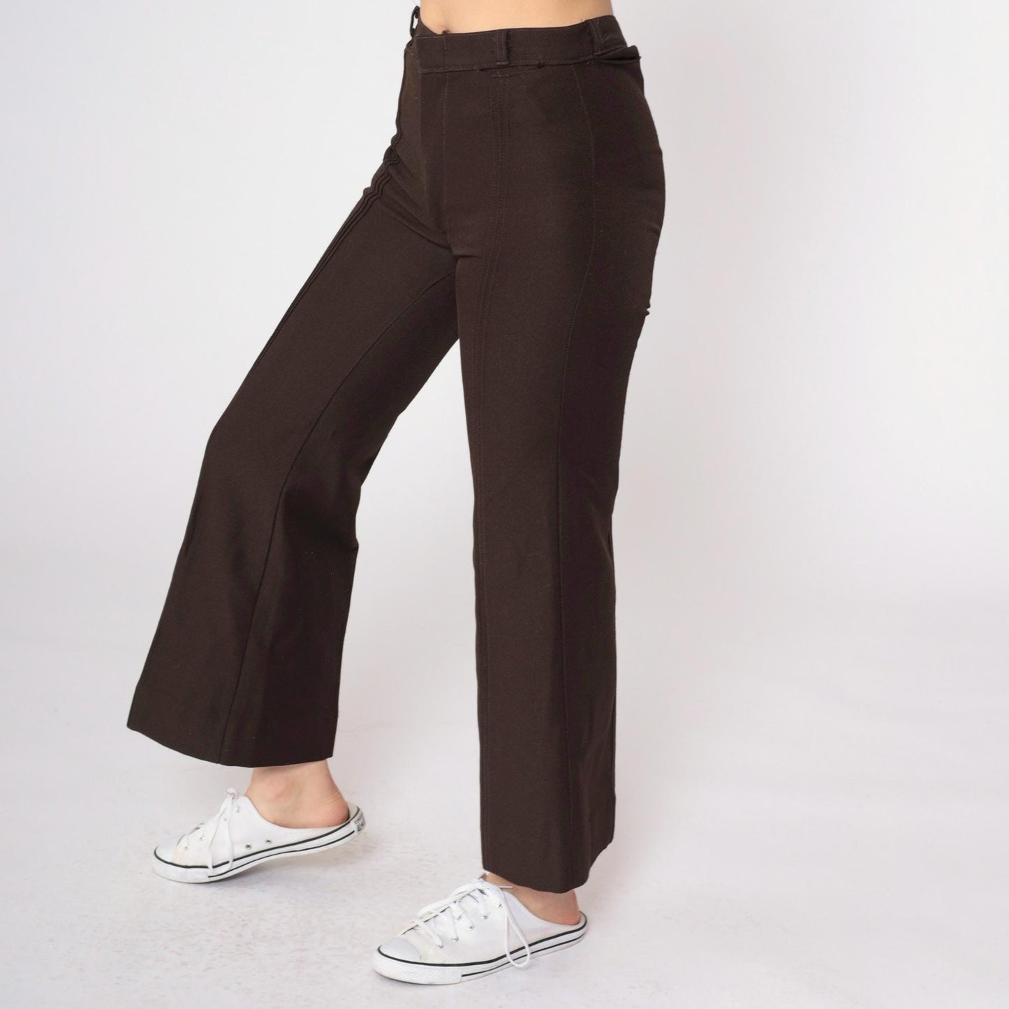 70s Dark Brown Bell Bottom Pants Pintuck Pleated Mid Rise Extra Small