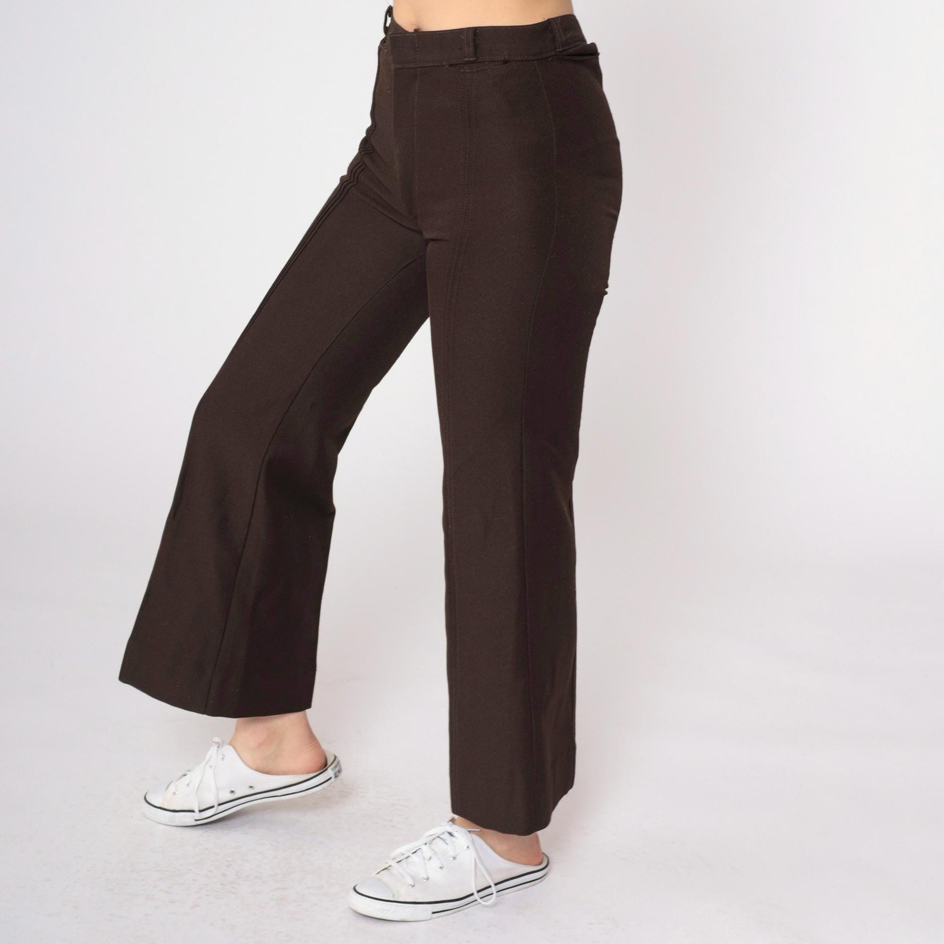 70s Dark Brown Bell Bottom Pants Pintuck Pleated Mid Rise Extra Small