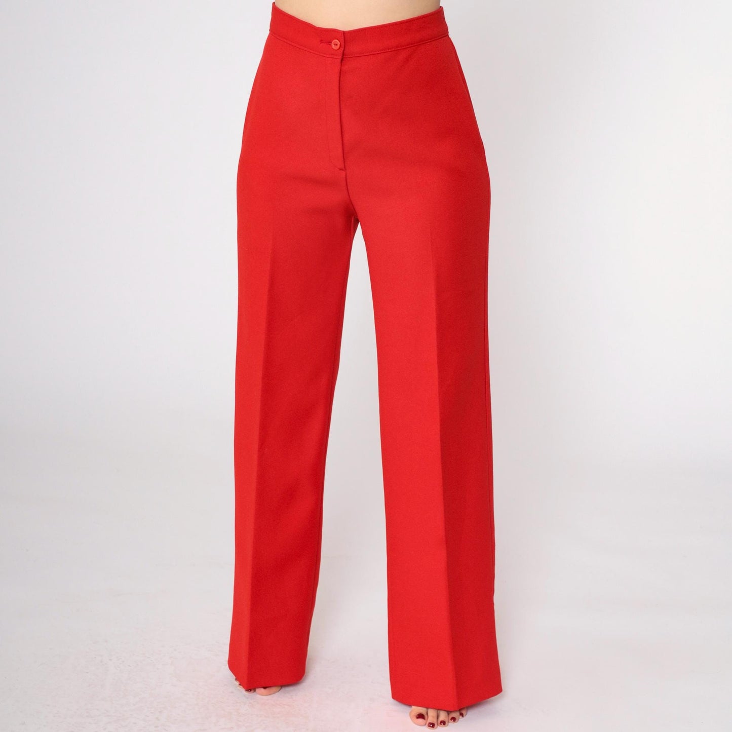70s Red Straight Leg High Rise Trousers Polyester Vintage Medium
