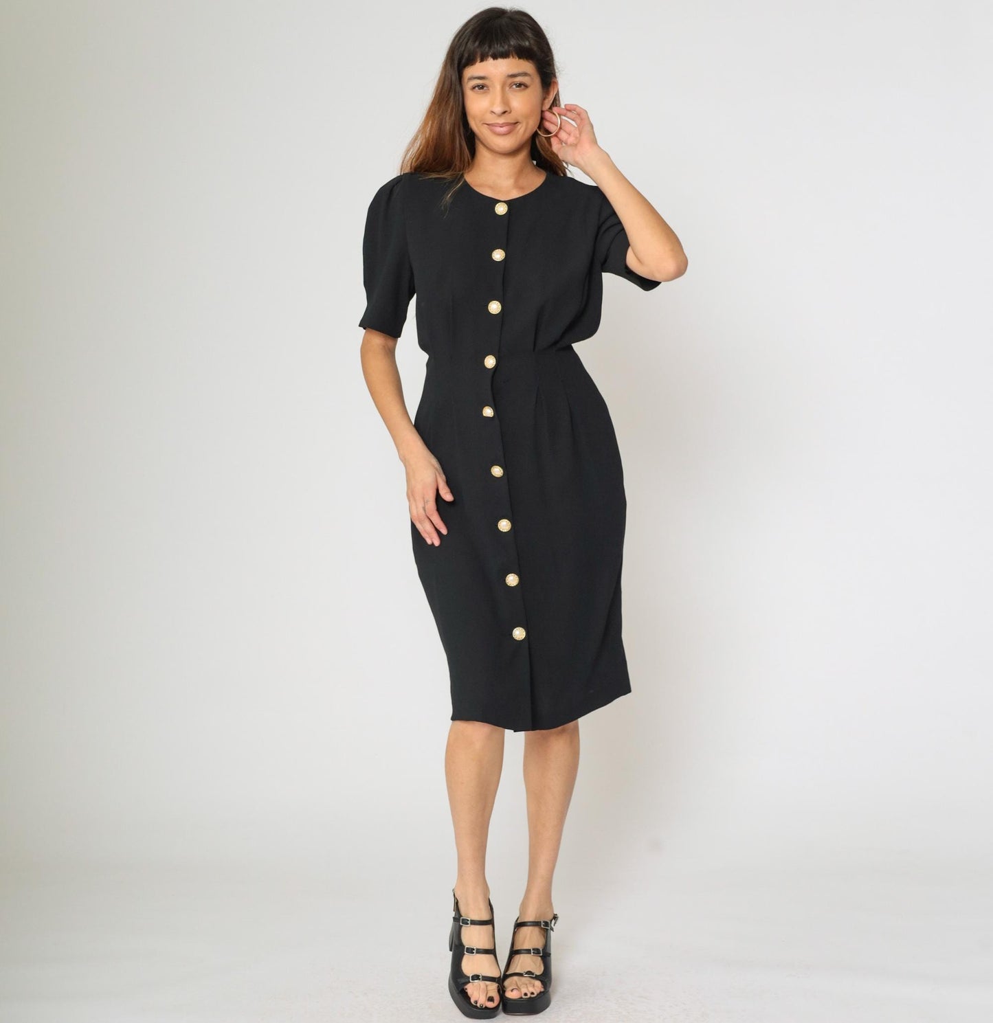 90s Ms Chaus Black Button-Up Midi Dress Puff Sleeve Pencil Medium 8