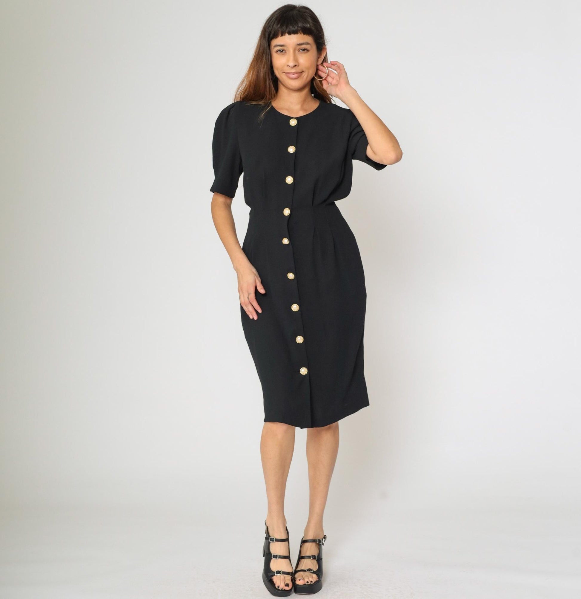 90s Ms Chaus Black Button-Up Midi Dress Puff Sleeve Pencil Medium 8