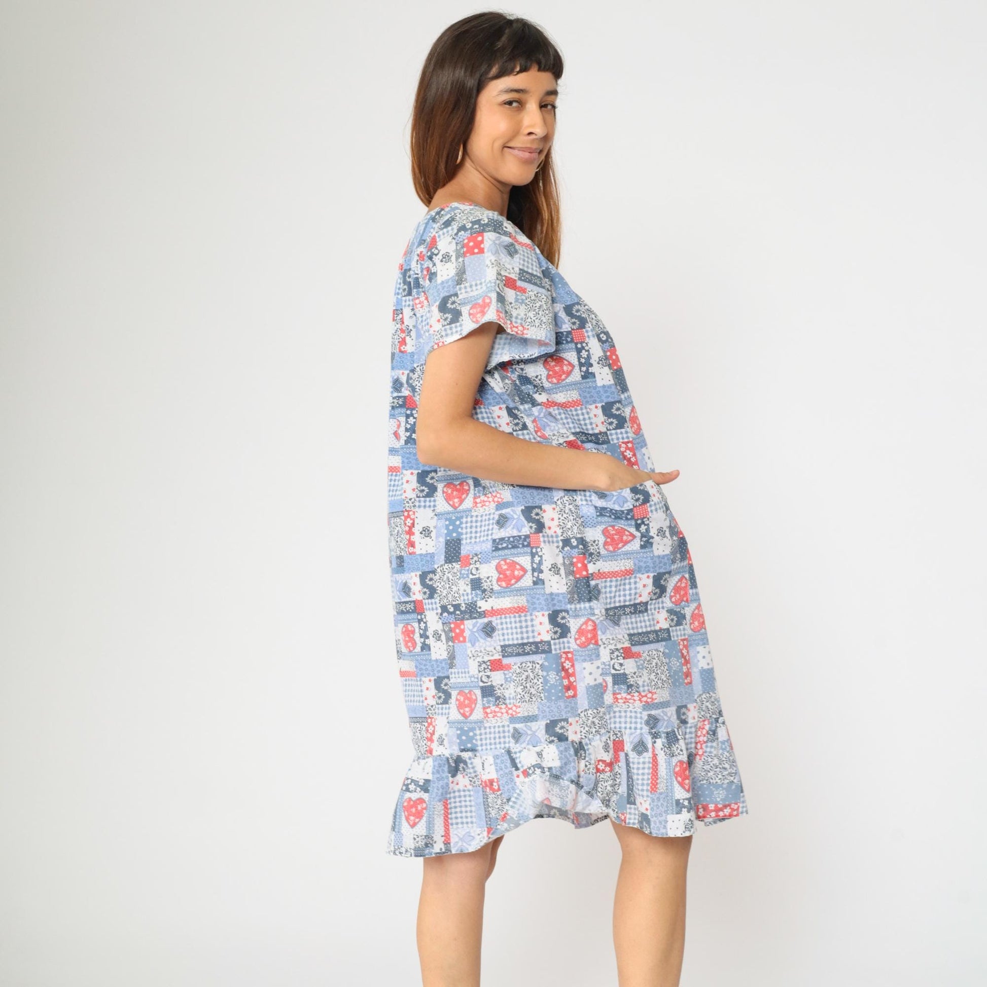 80s Patchwork Floral Heart Print Midi Dress Red White Blue V-Neck Large