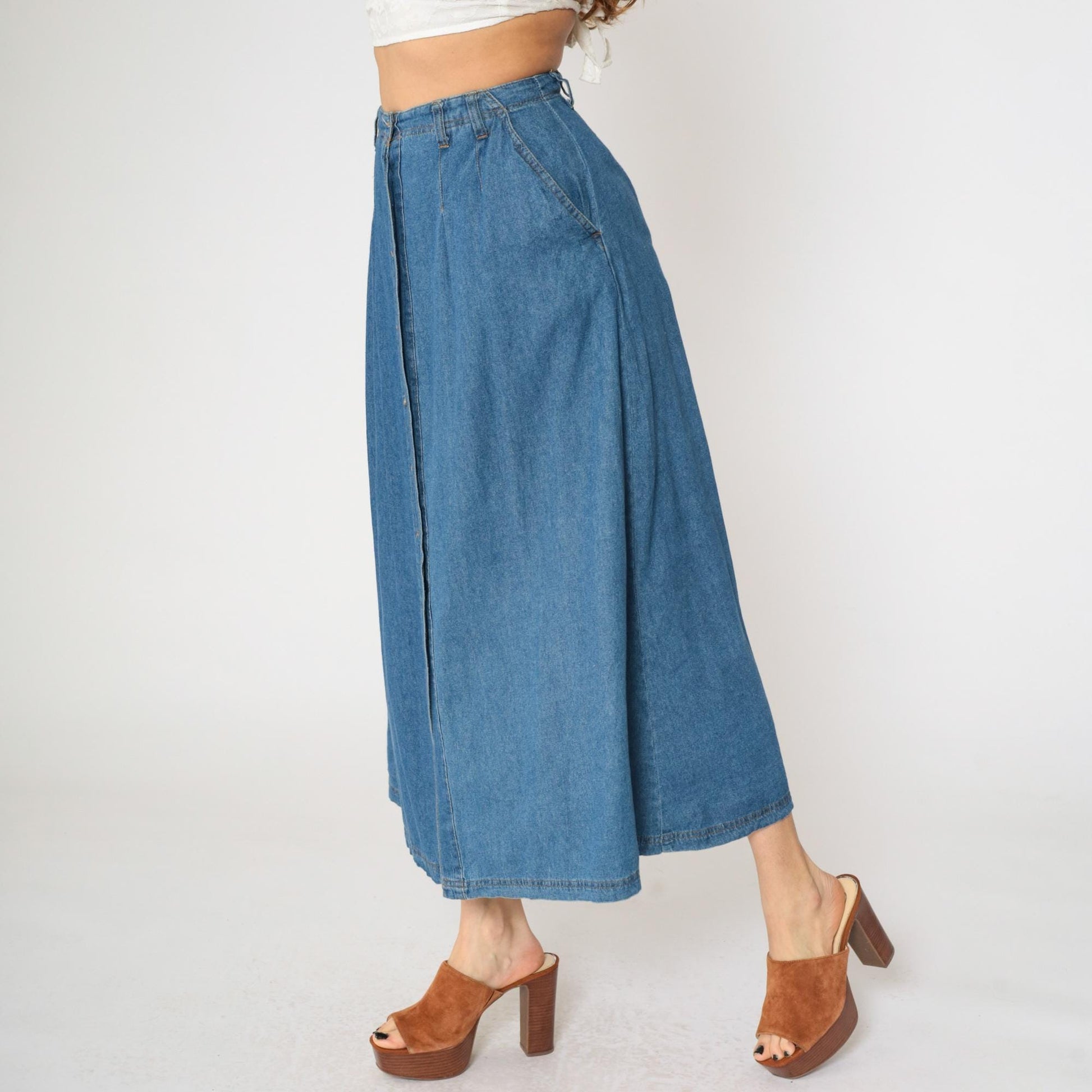 90s Marisa Canvas Denim Maxi Skirt Button Front High Waist Blue Small 6