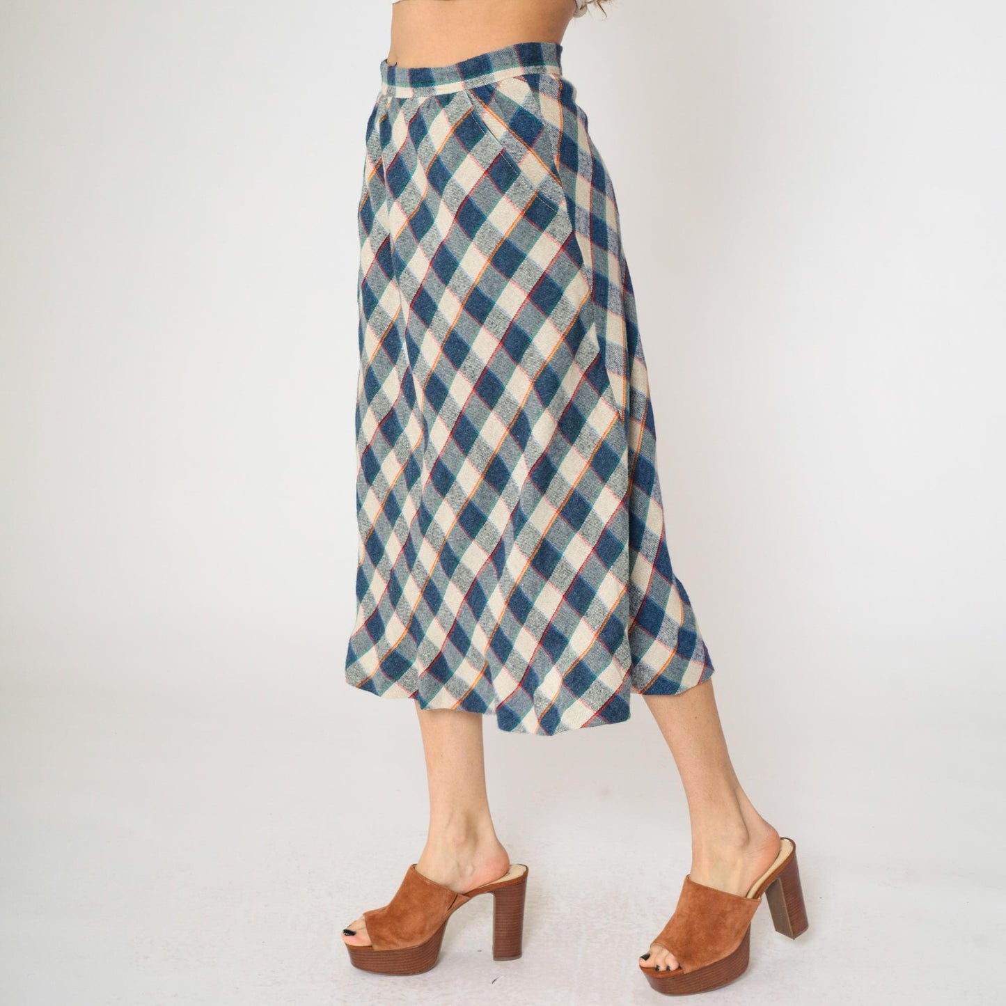 80s Blue Cream Checkered Skirt High Waist Knee Length Medium