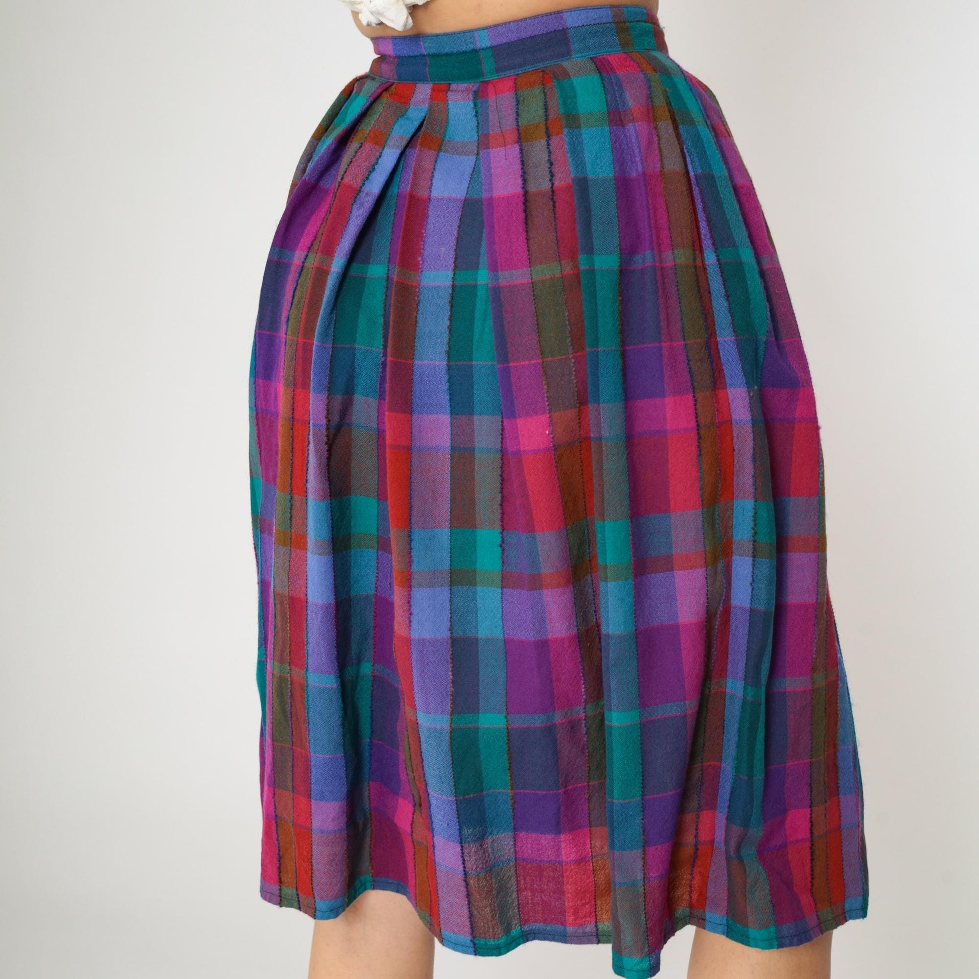 80s John Meyer Checkered Wool Midi Skirt High Waist Pleated Purple Blue Extra Small