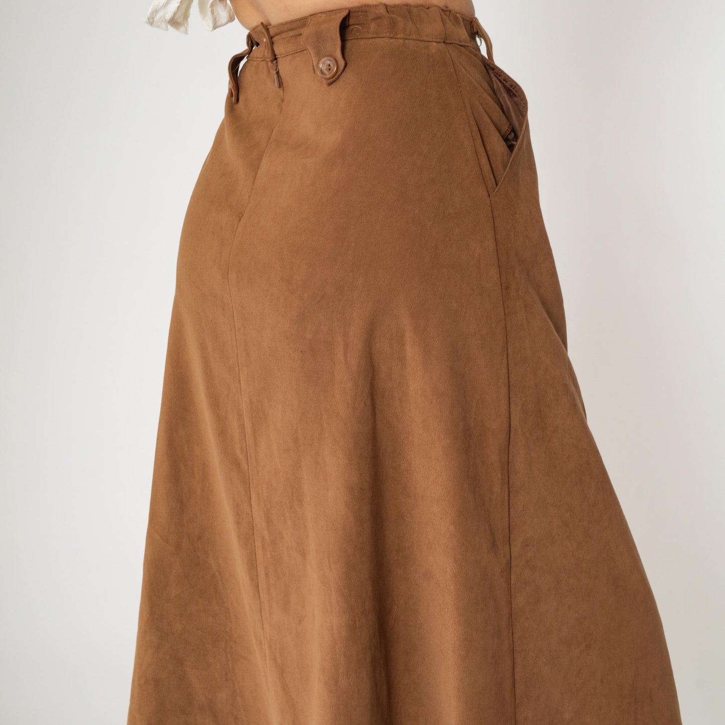 90s Brown A-Line Midi Skirt High Waisted Pockets Small 4P