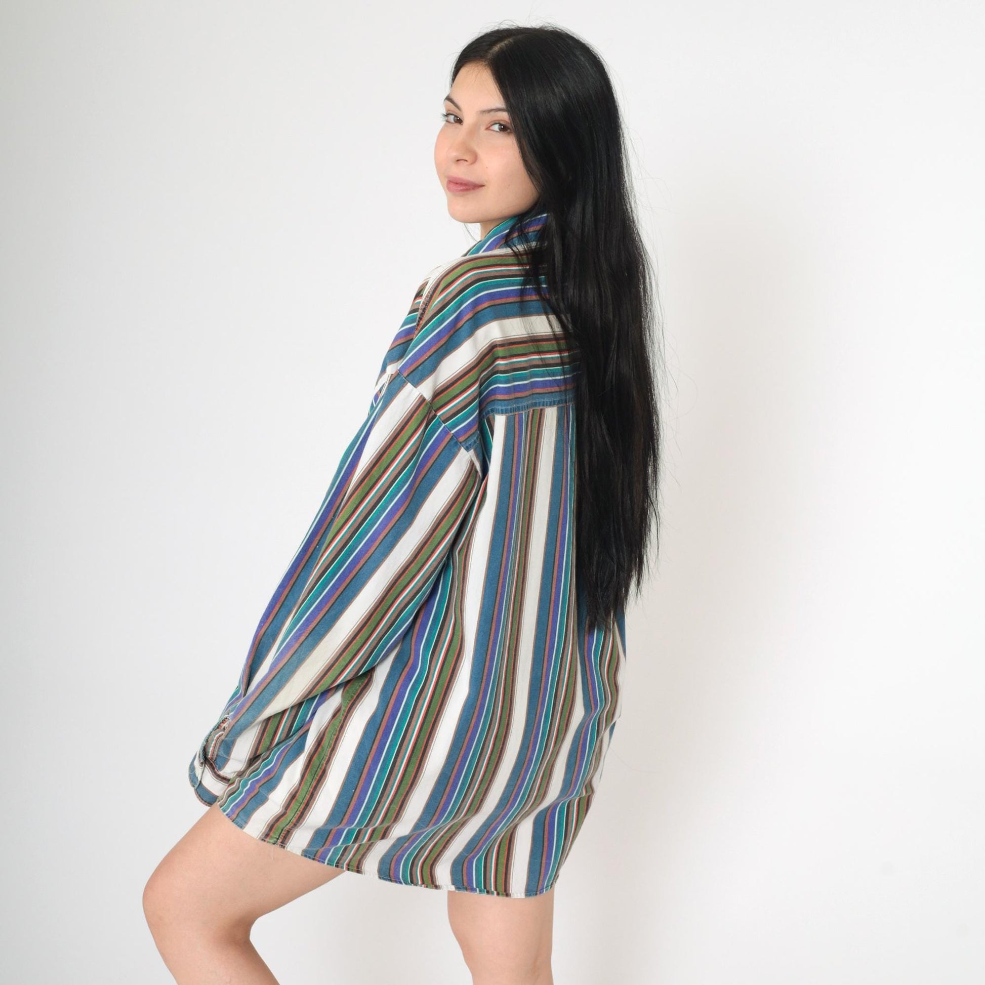 90s Bon Homme Multicolor Striped Cotton Button-Up Shirt Long Sleeve Extra Large XL