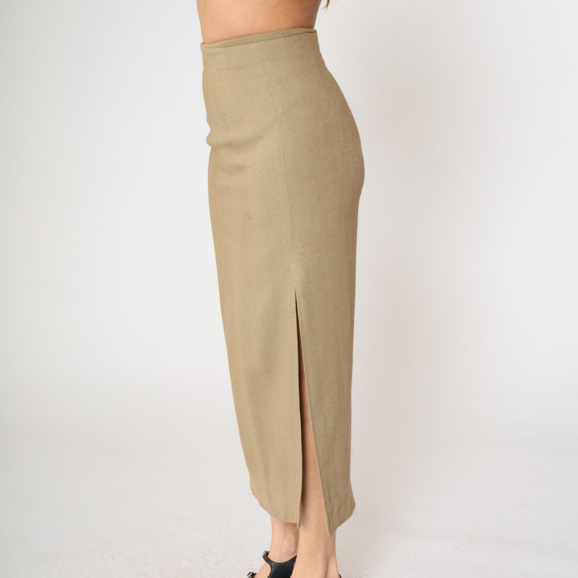 90s Express Khaki Maxi Skirt High Waisted Side Slit Straight Small S