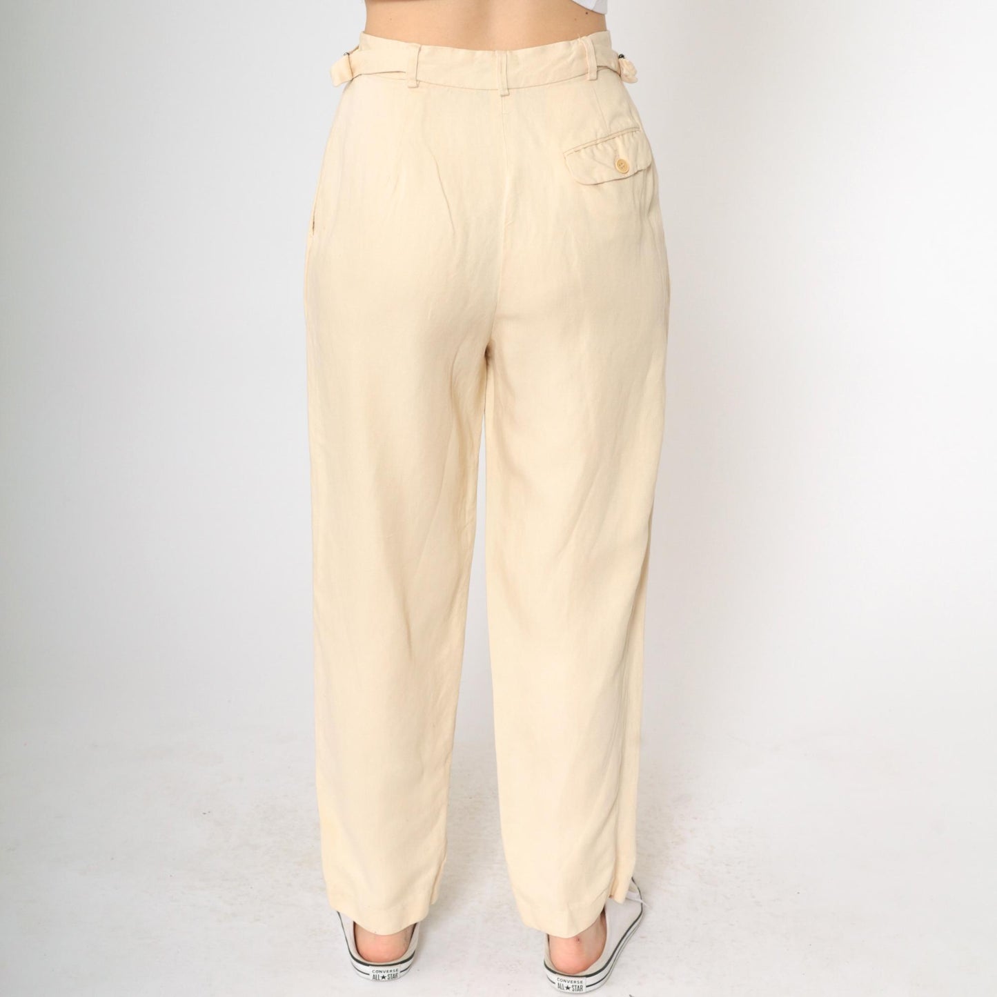 90s Calvin Klein Light Yellow Viscose Linen Pleated High-Waist Tapered Trousers Small 6