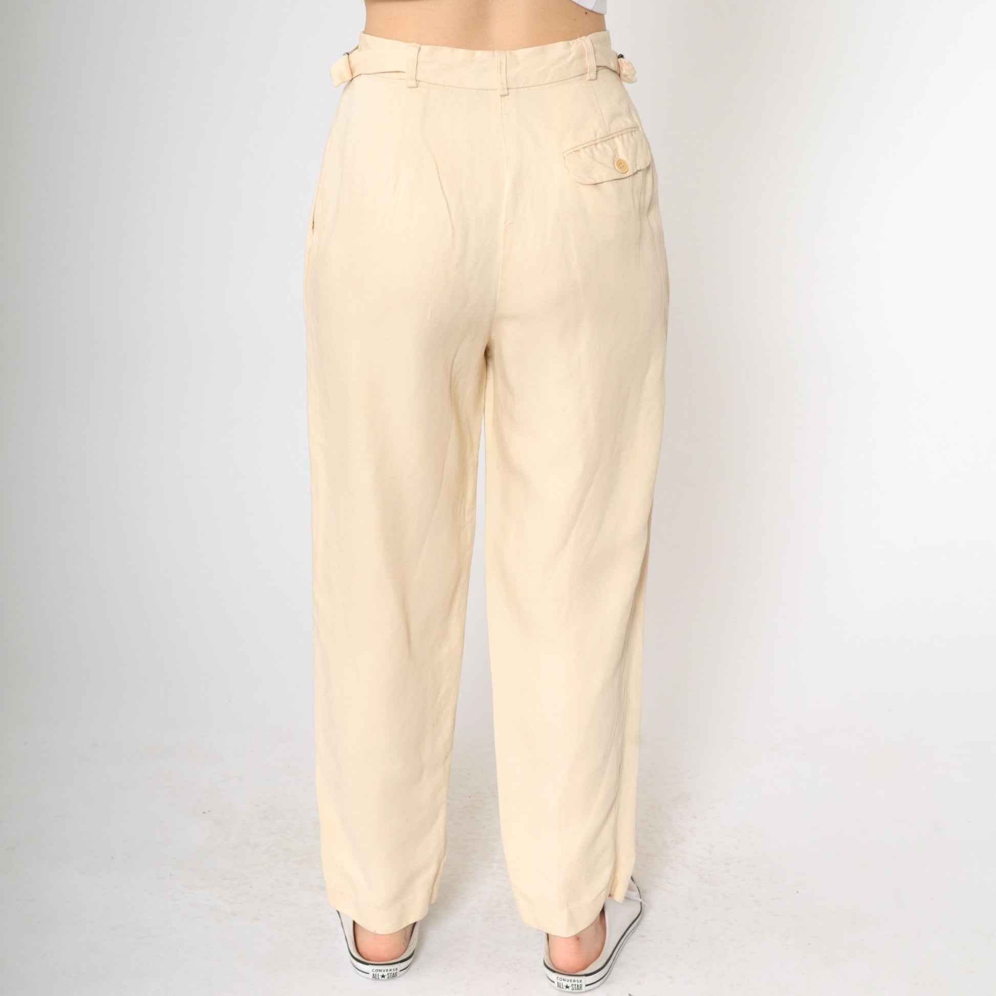 90s Calvin Klein Light Yellow Viscose Linen Pleated High-Waist Tapered Trousers Small 6