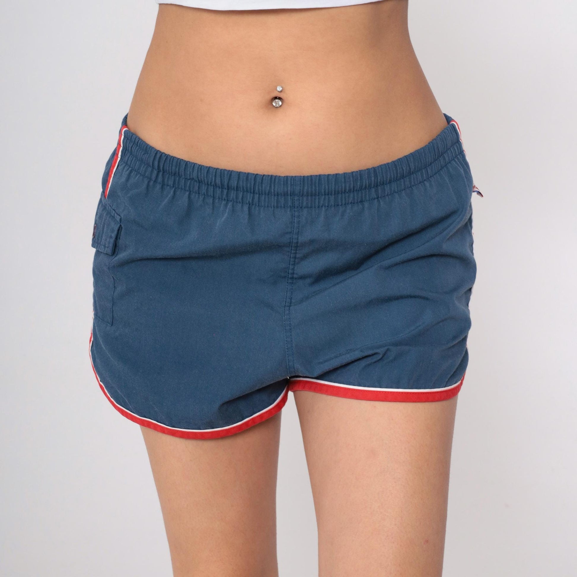 80s Catalina Swim Trunks Dark Blue Red Trim Drawstring Medium