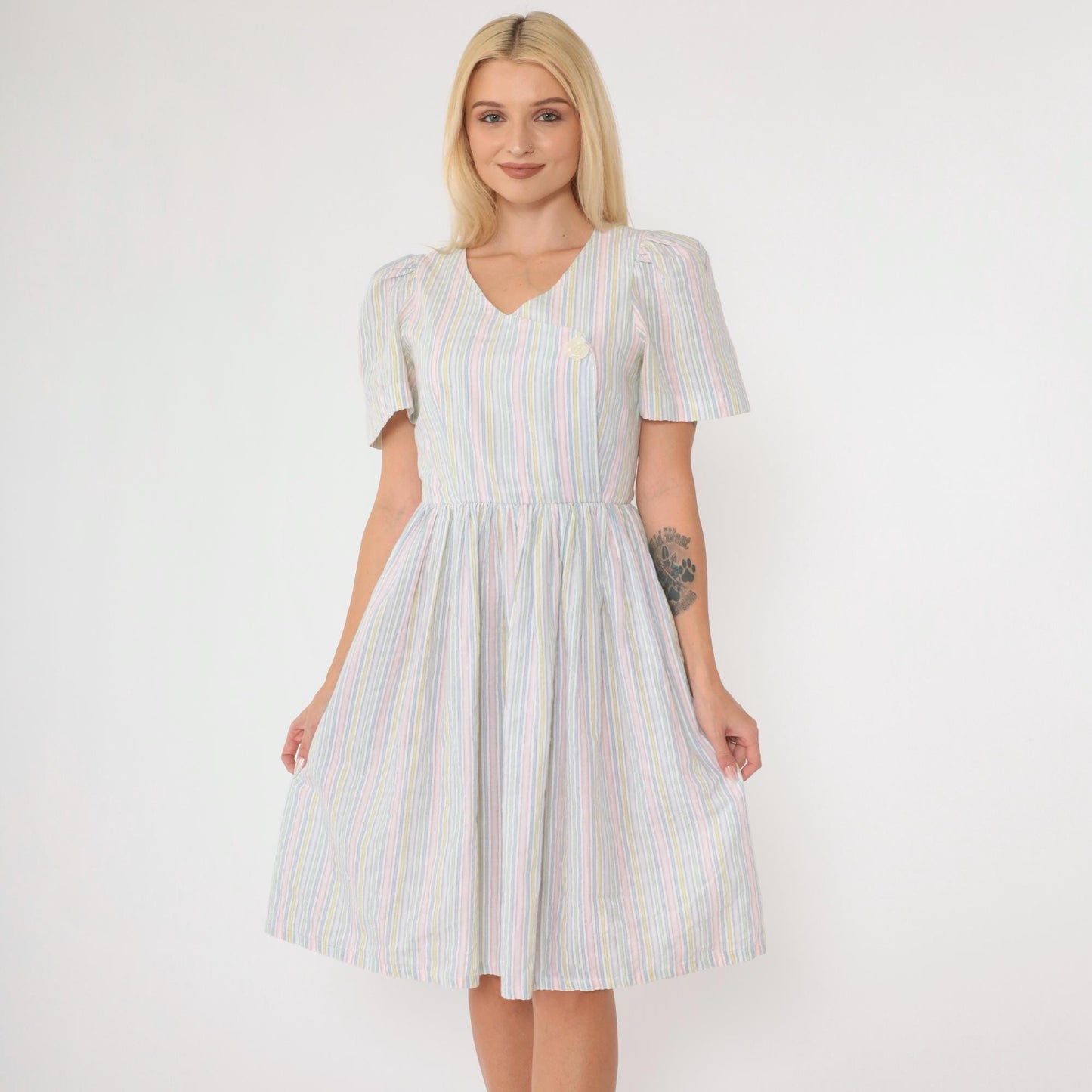 80s Striped Puff Sleeve Dress High Waisted Button Front Midi Green Pink Blue Extra Small