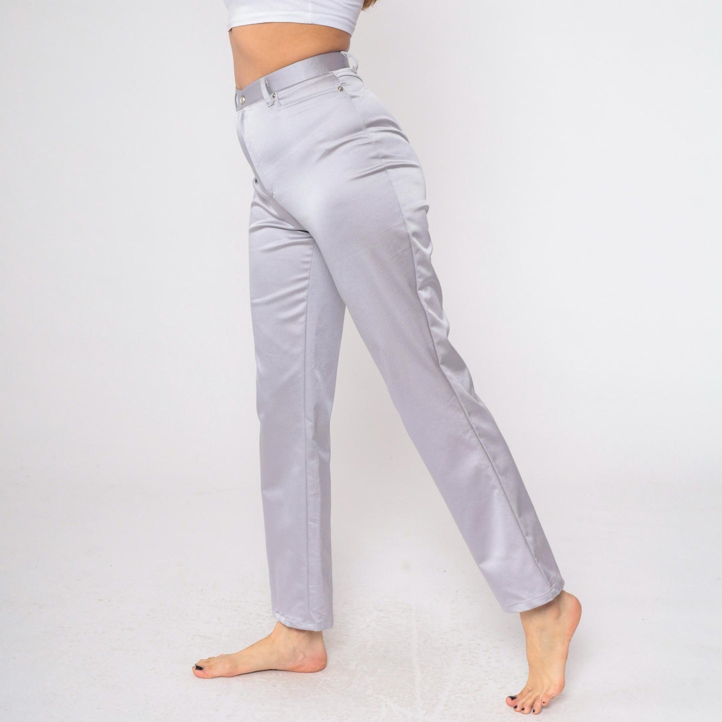 90s Forenza Silver Satin High-Waist Straight-Leg Trousers Small