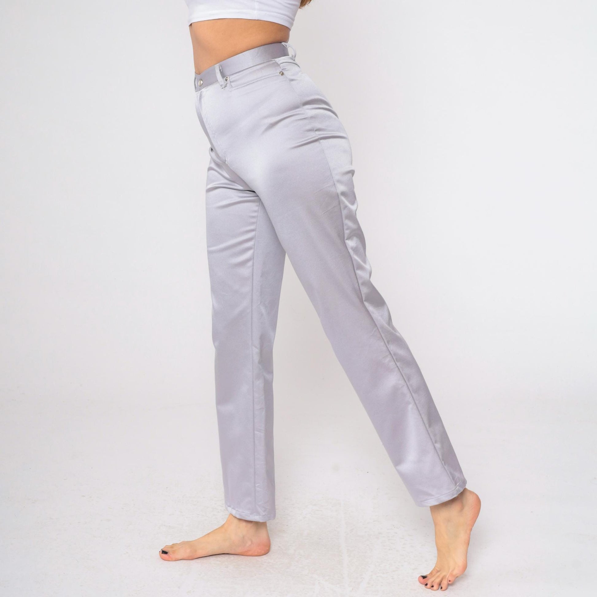 90s Forenza Silver Satin High-Waist Straight-Leg Trousers Small