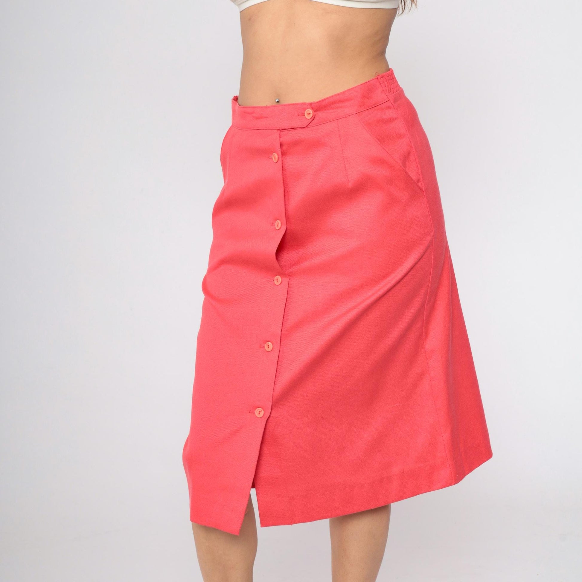 70s Sears Button-Front Midi Skirt Coral Pink High Waist Medium