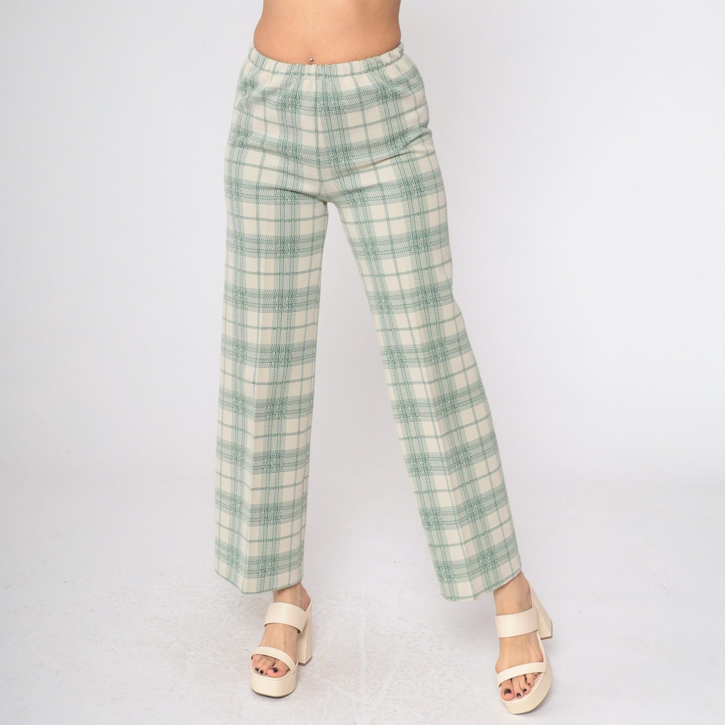 70s Plaid High-Waisted Trousers Cream Green Checkered Straight Leg Small