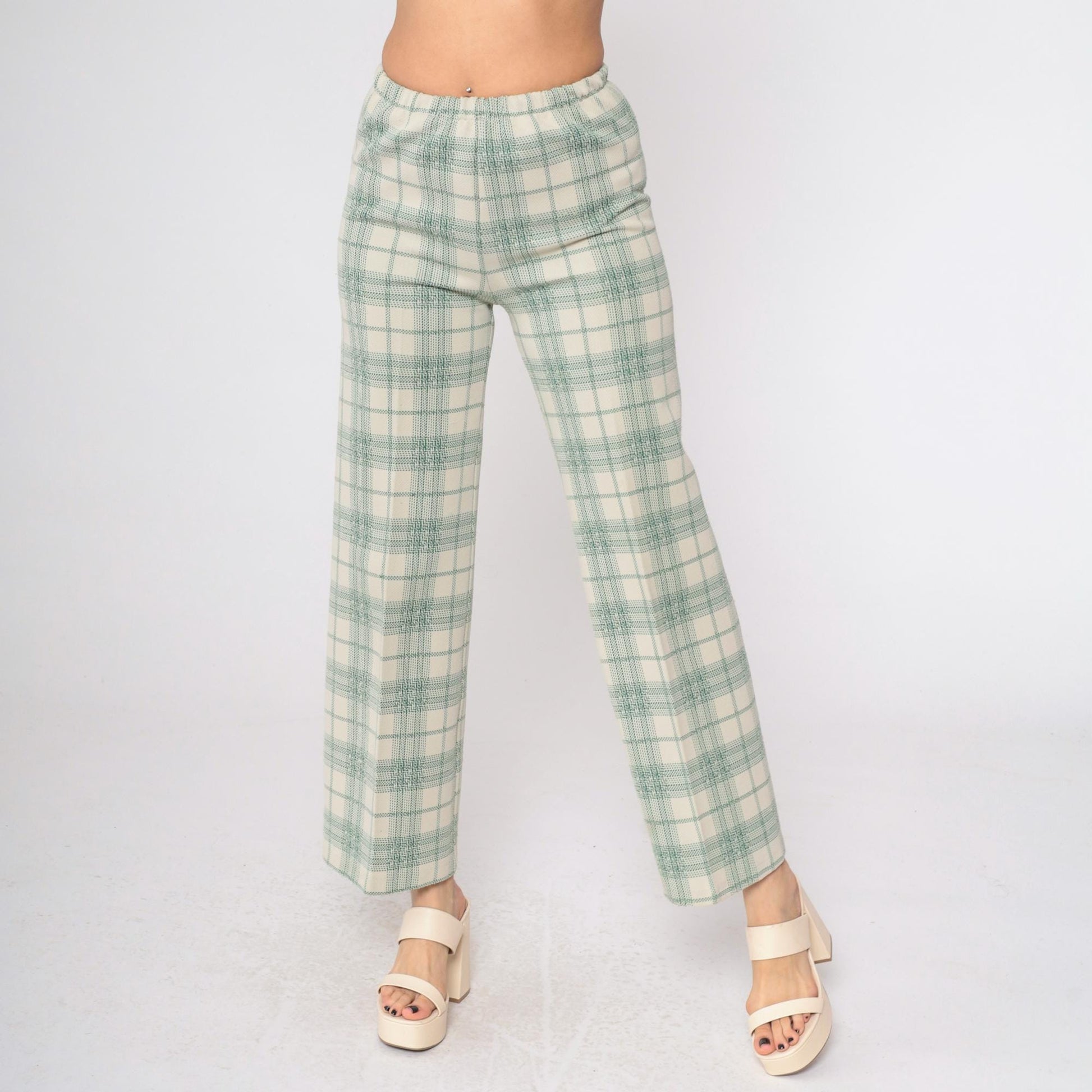 70s Plaid High-Waisted Trousers Cream Green Checkered Straight Leg Small