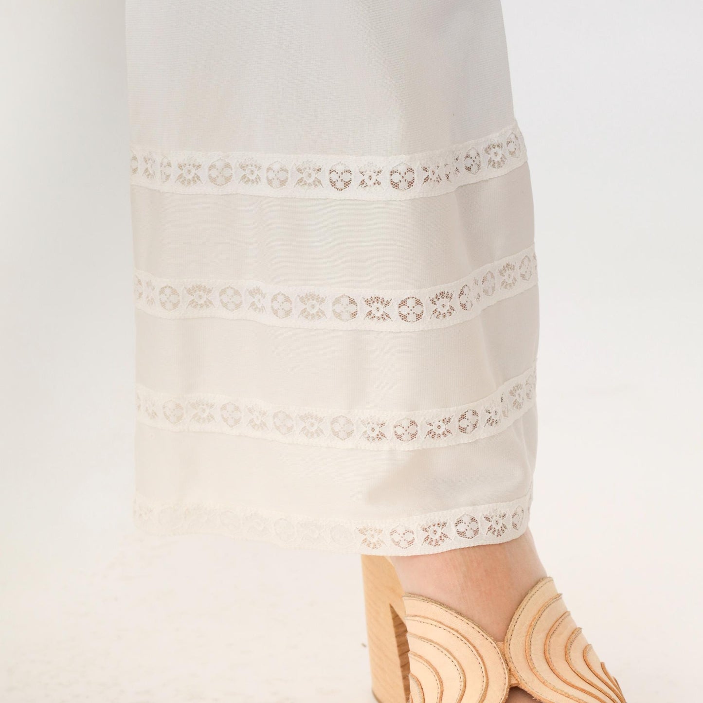 70s Gossara Artemis White Nylon Flared Lounge Pants Lace Trim Small