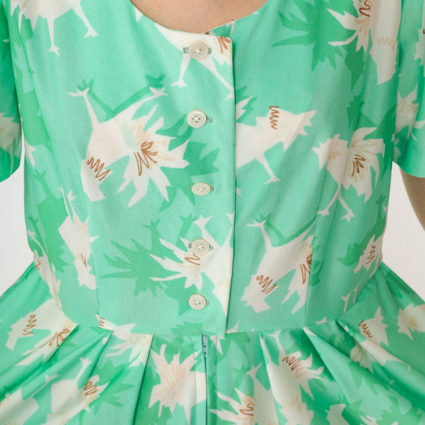 70s Abstract Chicken Print Midi Jumpsuit Green Button-Up Shirtdress Medium