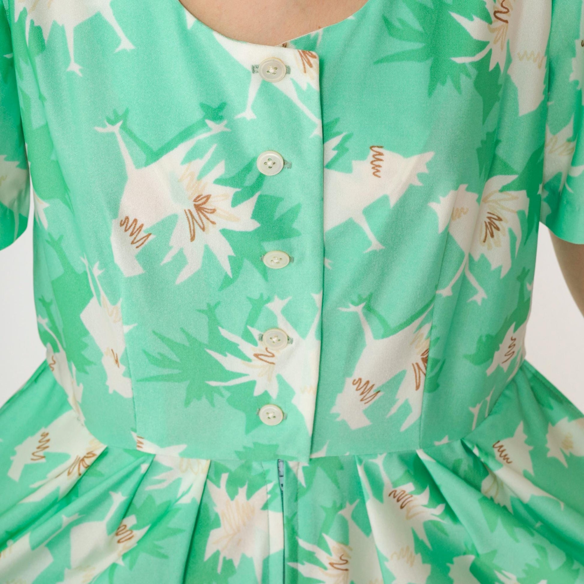 70s Abstract Chicken Print Midi Jumpsuit Green Button-Up Shirtdress Medium