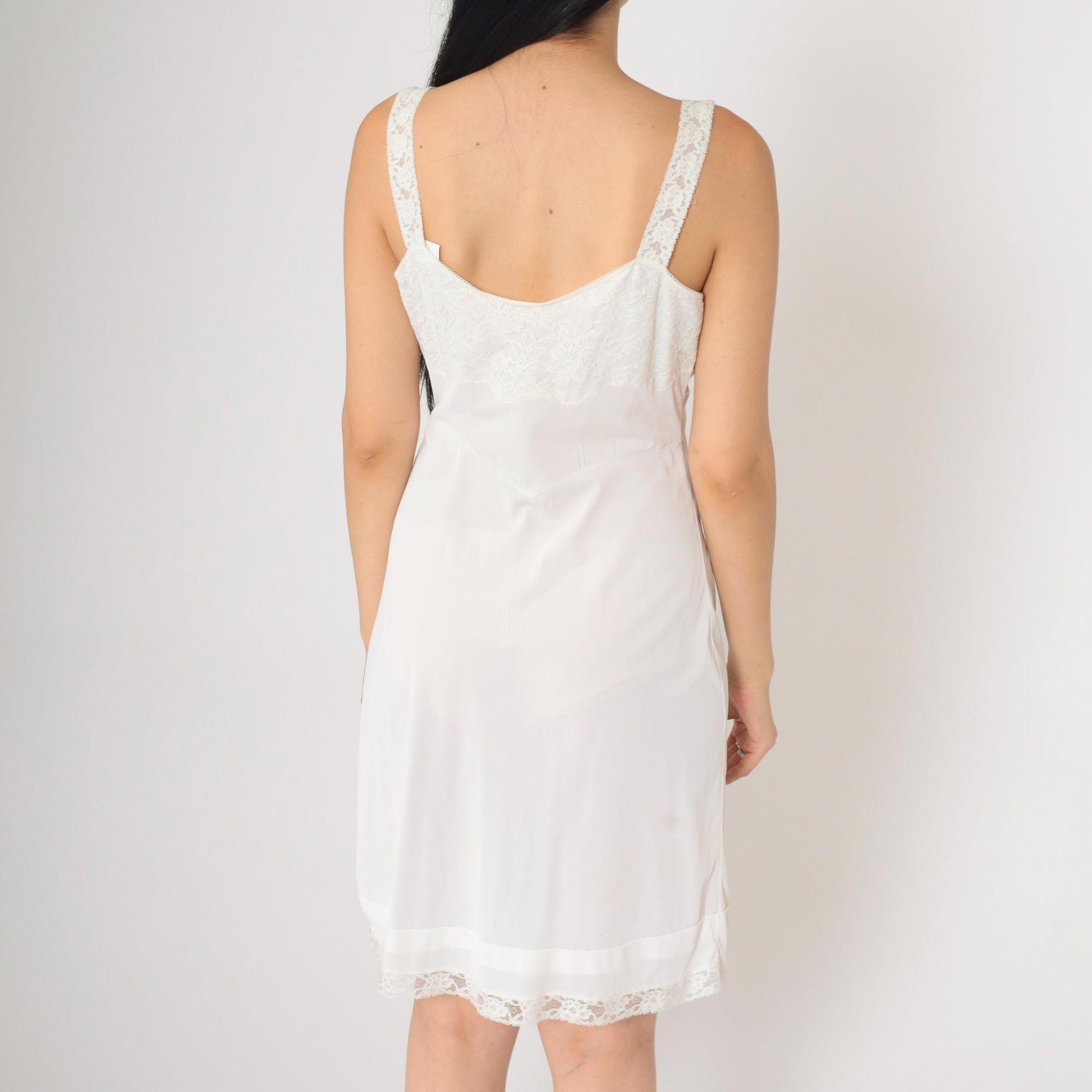 70s Charmante White Lace Slip Dress Scoop Neck Spaghetti Strap Mini Small