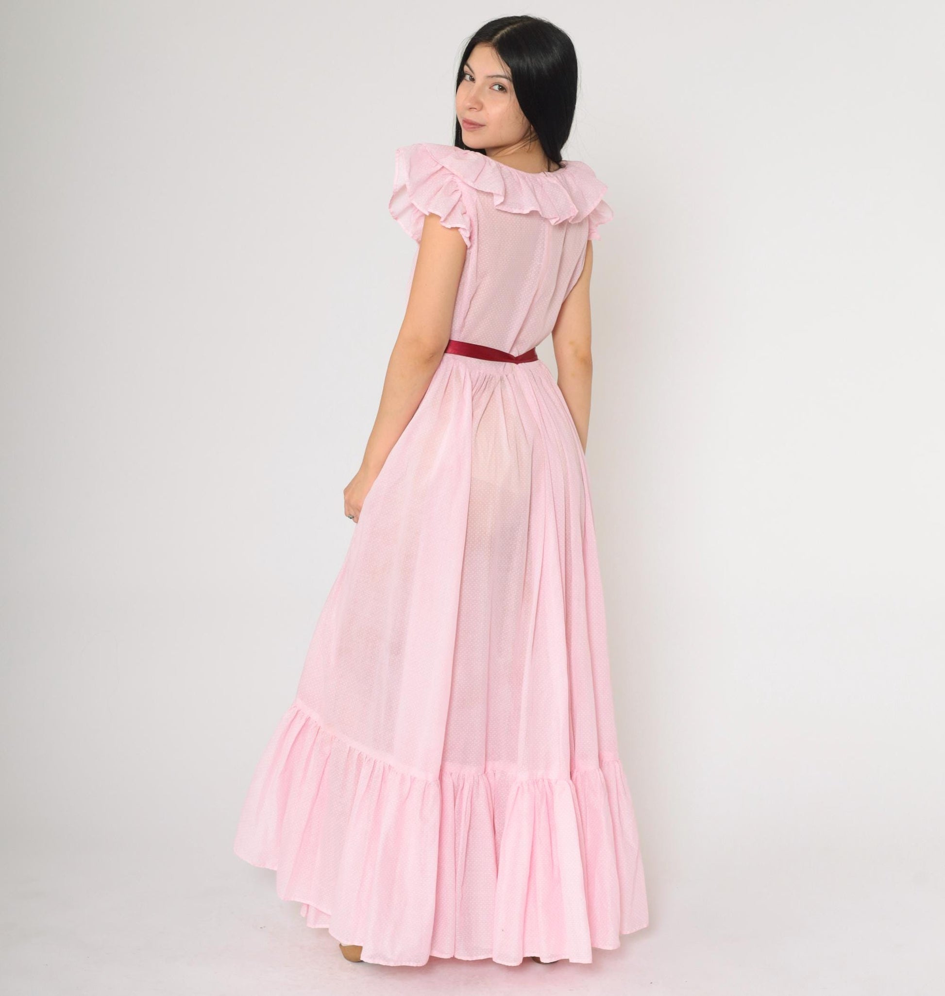 70s Baby Pink Polka Dot Maxi Dress Flutter Sleeve Scoop Neck Small