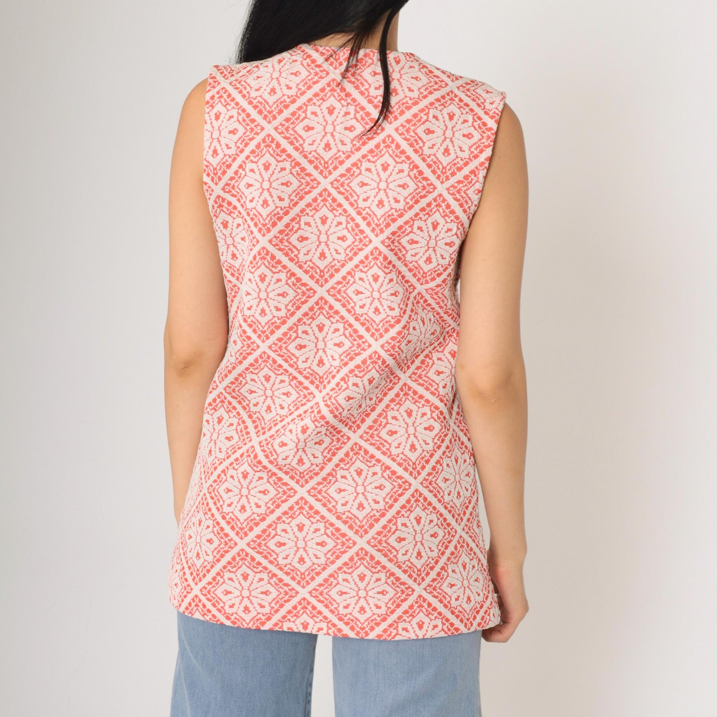 70s Peck & Peck Floral Tank Top Sleeveless Front Zip Polyester Orange Small S