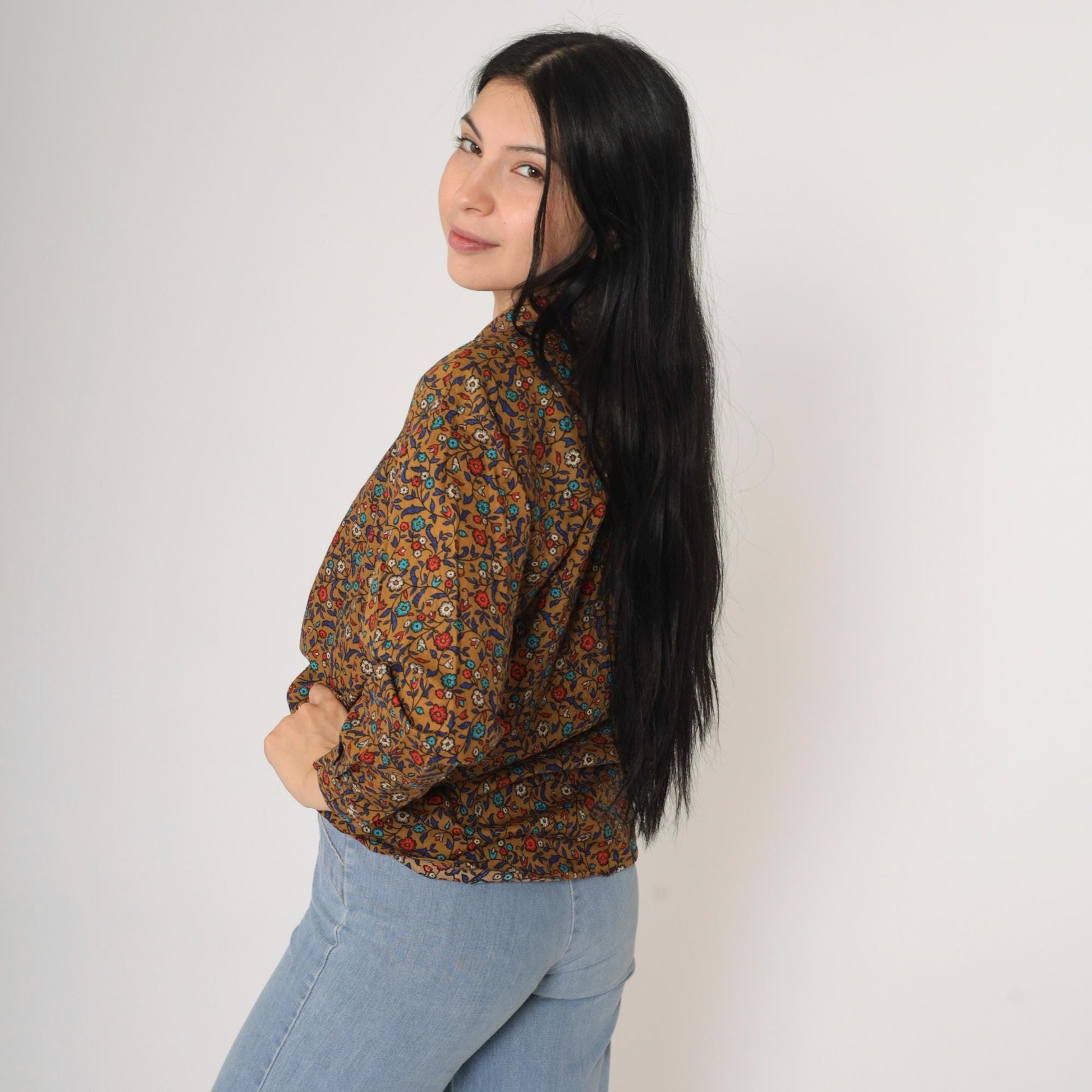 Y2K Levi's Dockers Floral Button-Up Blouse Brown Cotton Long Sleeve Small
