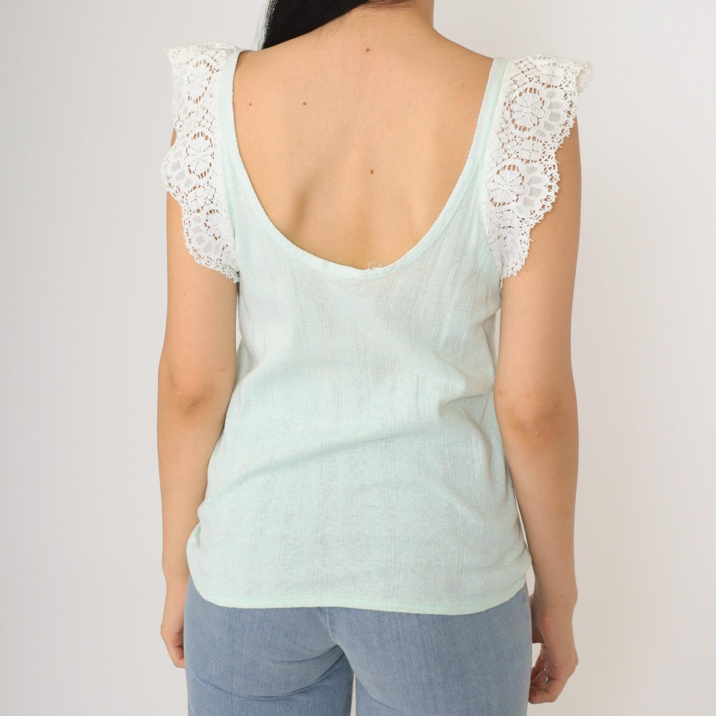 70s Mint Green Crochet Lace Tank Top V-Neck Lace-Up Sleeveless Blouse Medium