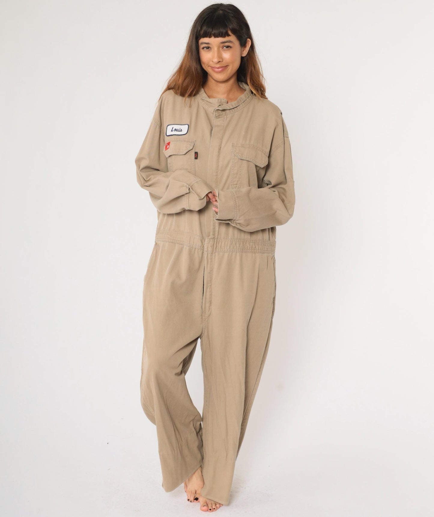 Y2K Tan Flame Resistant Coveralls Louis Patch Flight Suit Men's 48 Regular