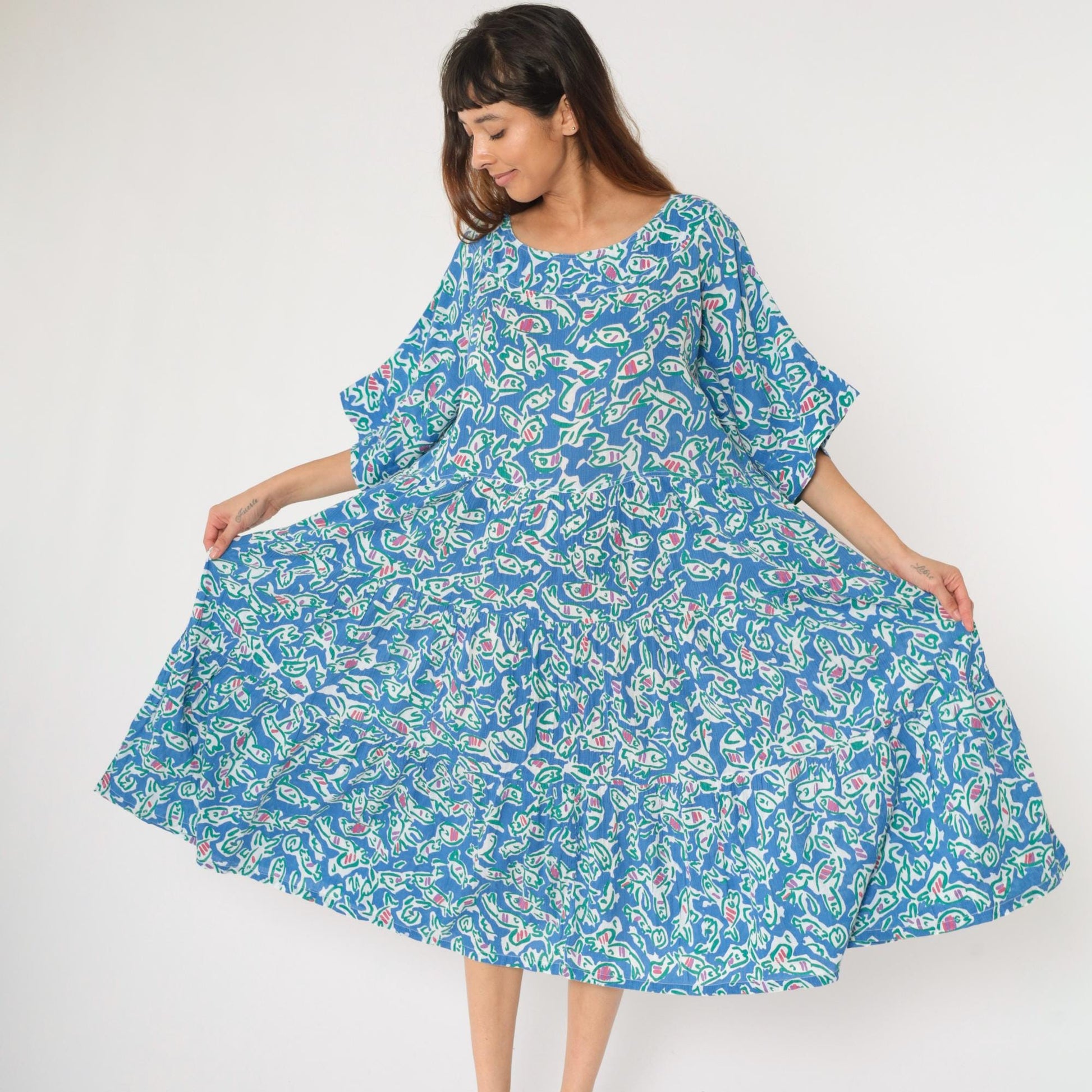 90s Fish Print Midi Dress Blue Abstract Cotton High Waist Half Sleeve Large L