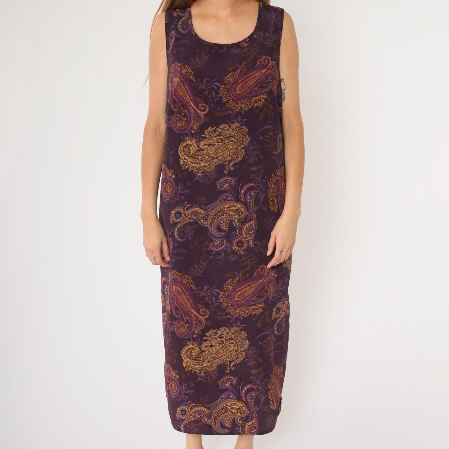 90s Purple Paisley Maxi Dress Sleeveless Scoop Neck Shift Large
