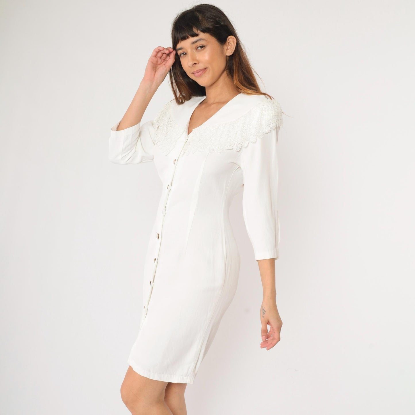 90s White Mini Dress Lace Collar Button-Up Sheath 3/4 Sleeve Medium