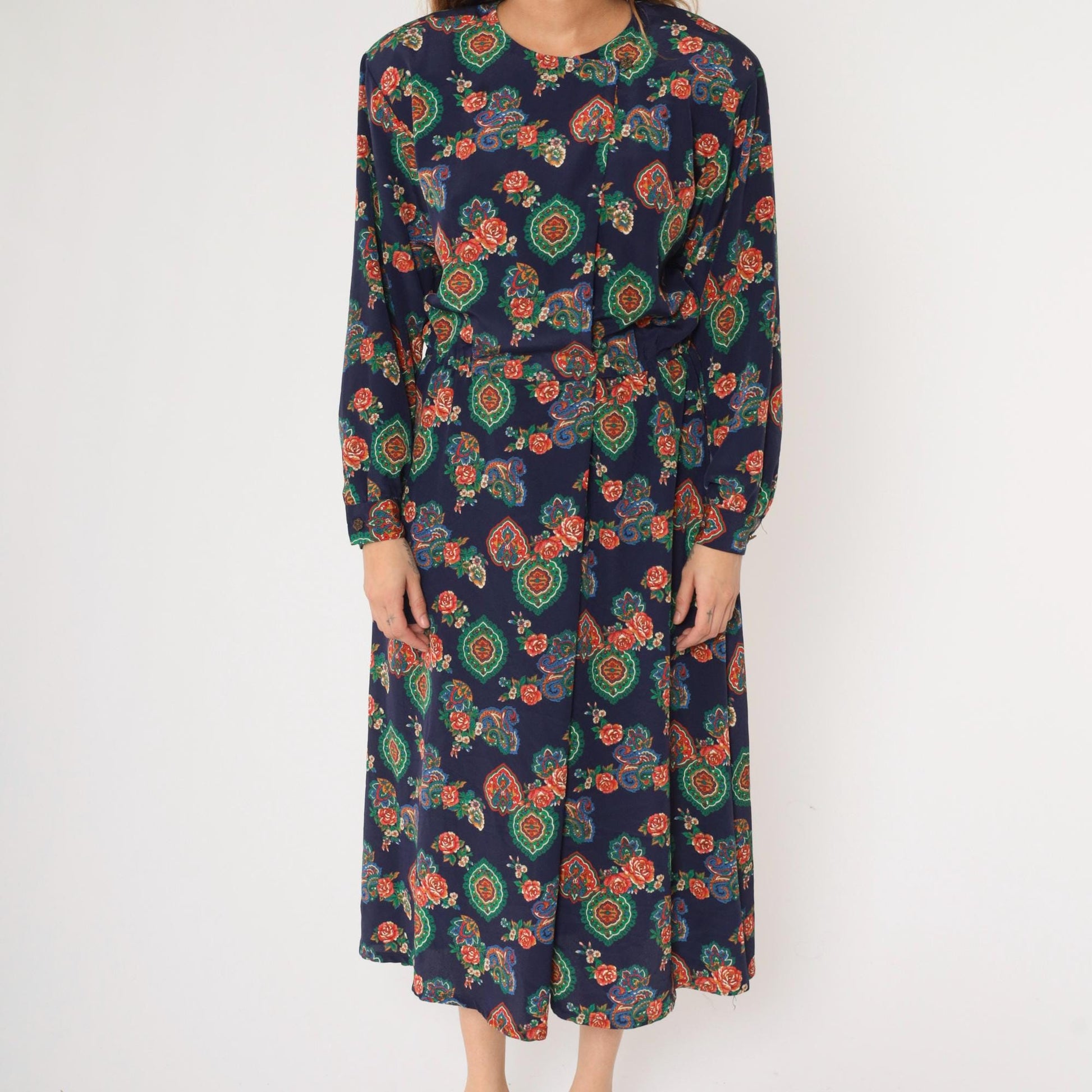 90s Liz Claiborne Paisley Floral Midi Dress Dark Blue High-Waisted Long Sleeve Large