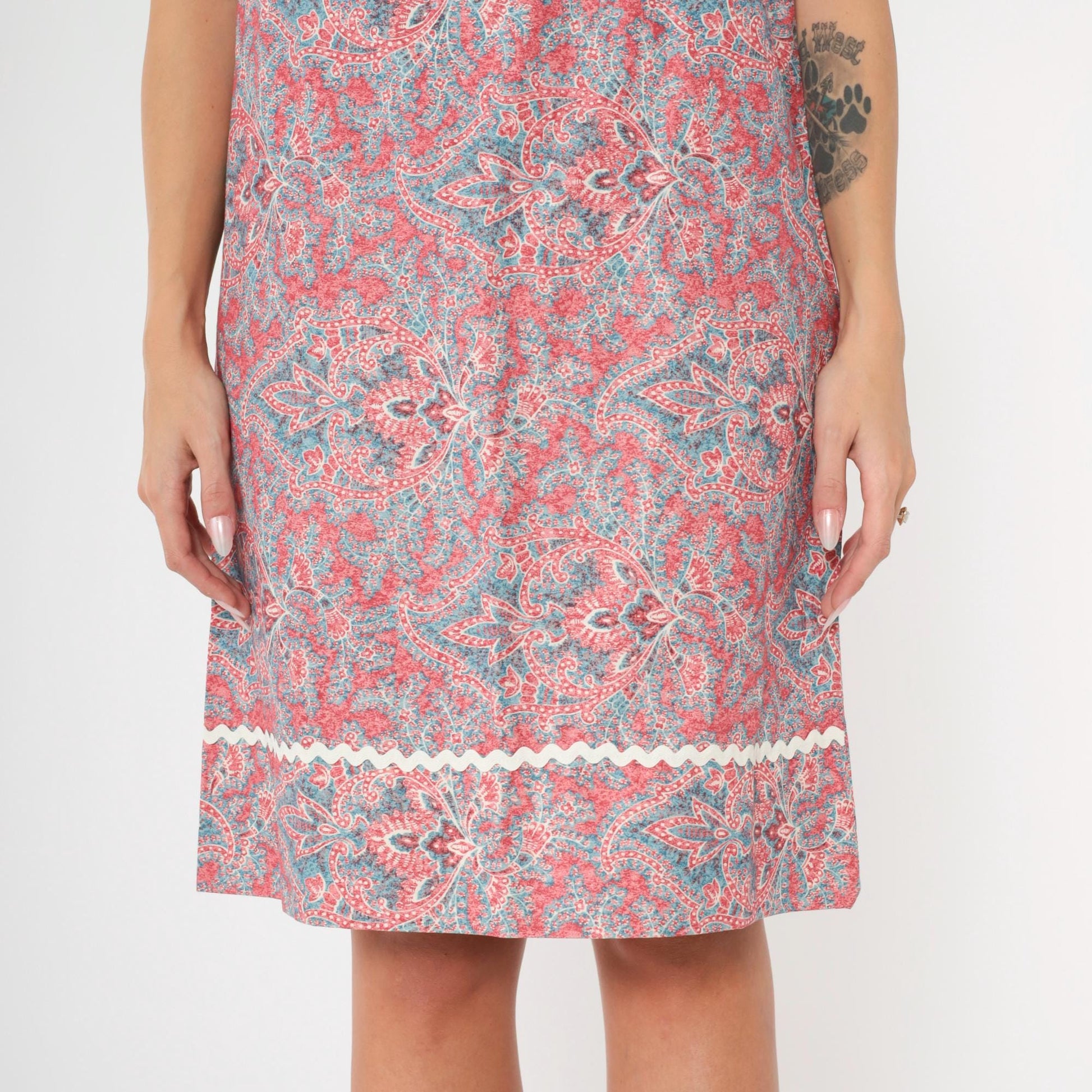70s Paisley Geometric Shift Dress Red Blue Spaghetti Strap Small