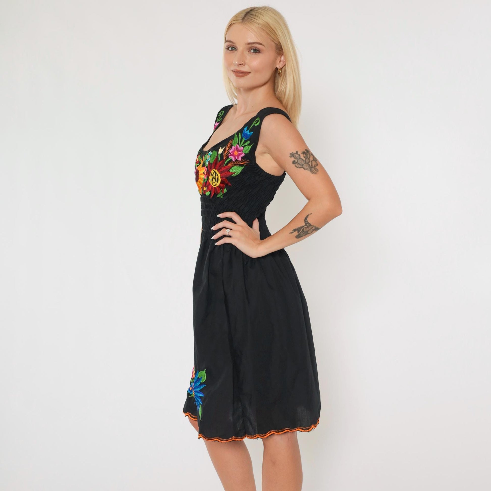 90s Black Floral Embroidered Smocked Mini Dress Sleeveless Small Medium