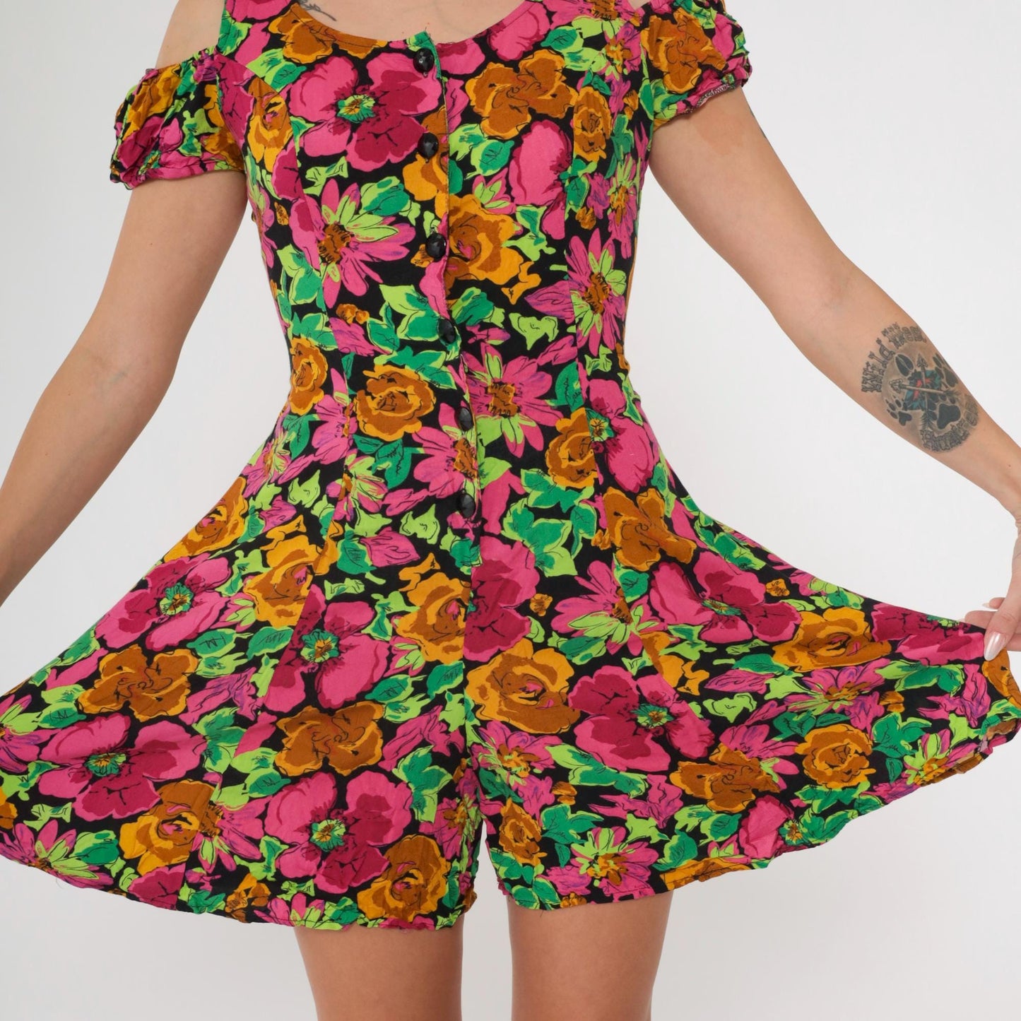 90s Floral Cold Shoulder Romper Wide Leg Playsuit Pink Green Small 5