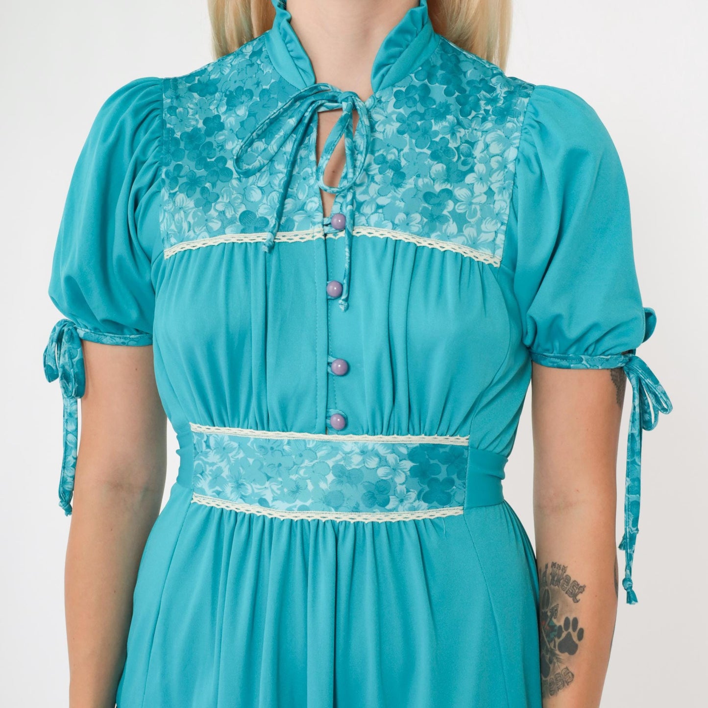 70s Turquoise Floral Puff Sleeve Midi Dress High Waist Tiered Small S