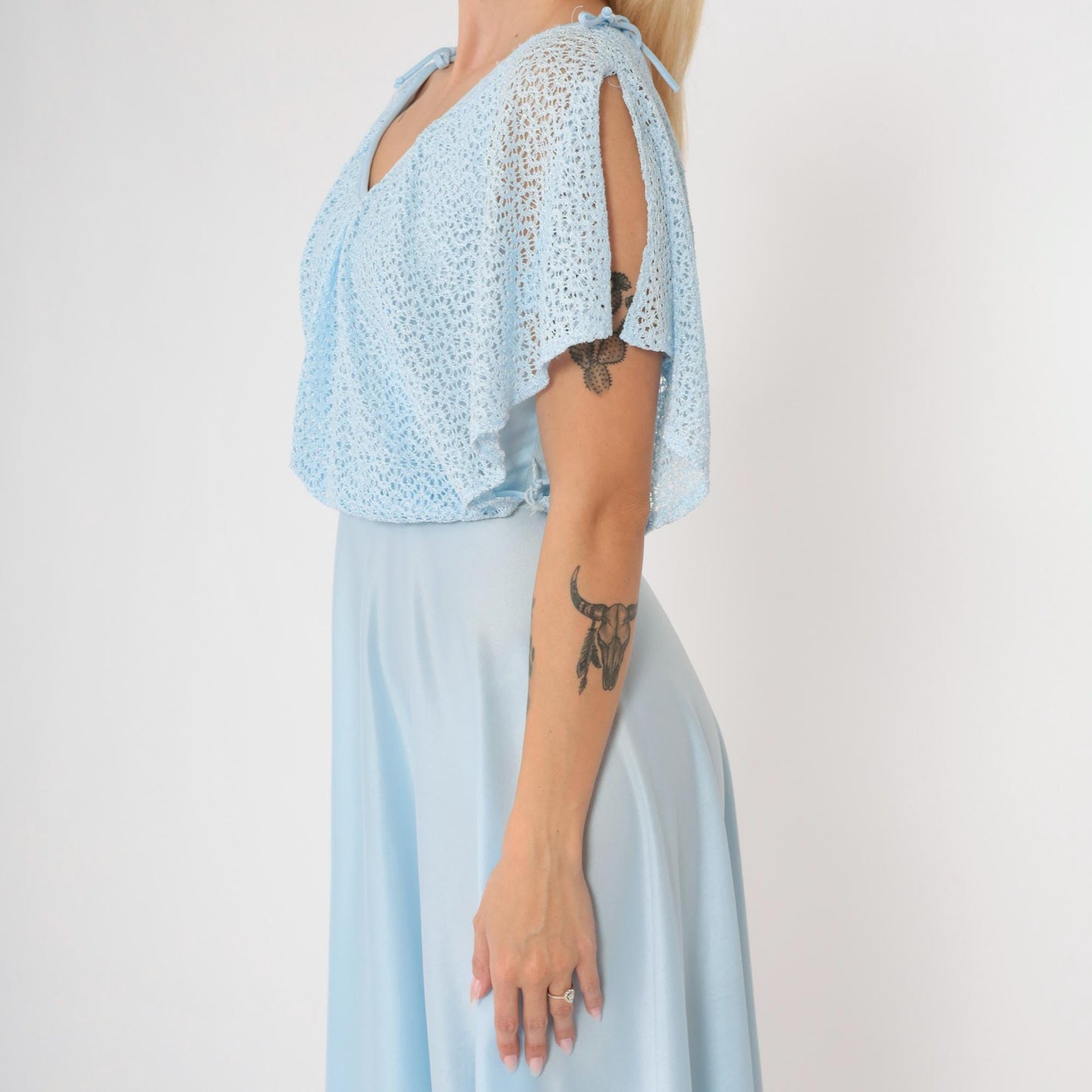 1970s Baby Blue Crochet Capelet Midi Dress High Waist Split Sleeve Extra Small