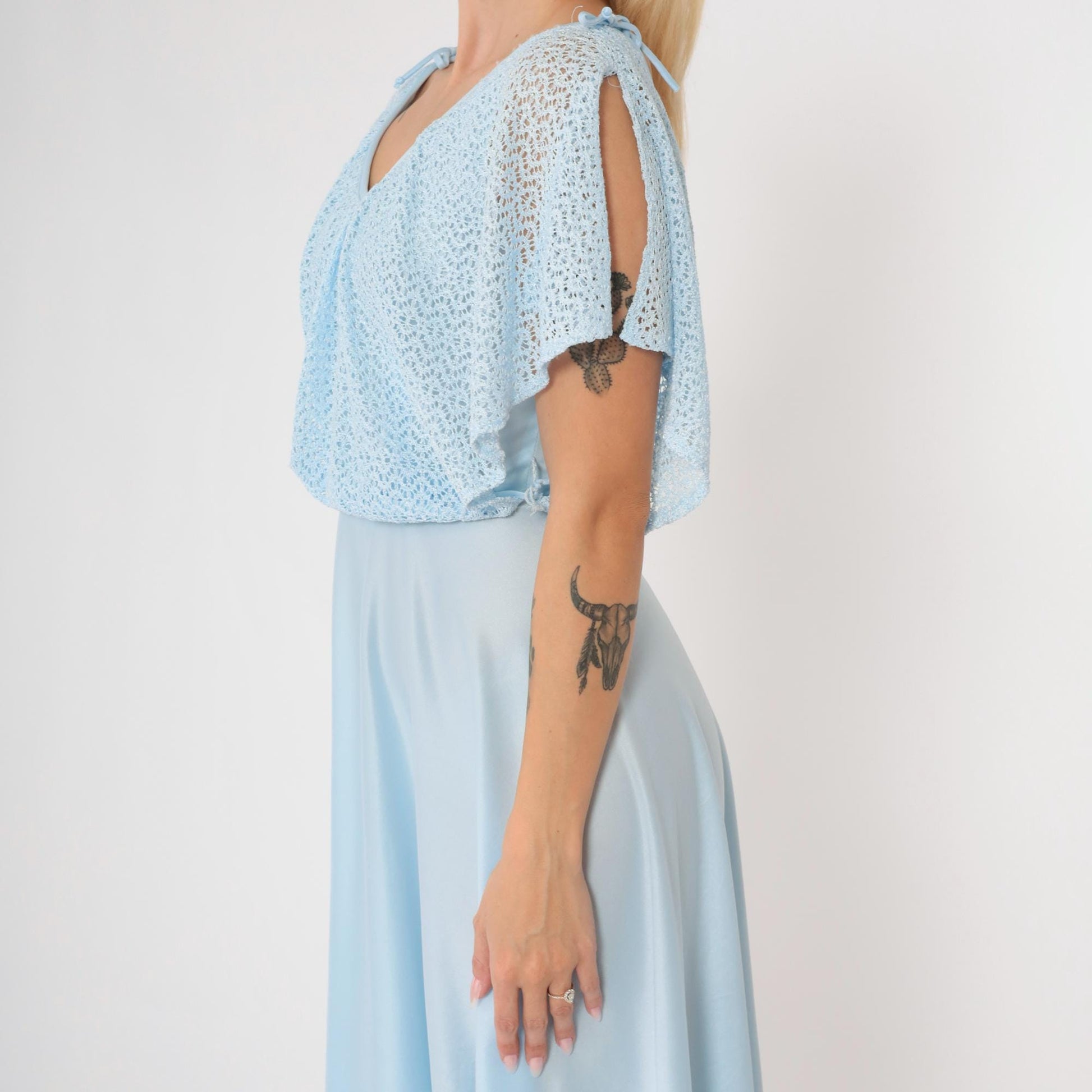 1970s Baby Blue Crochet Capelet Midi Dress High Waist Split Sleeve Extra Small
