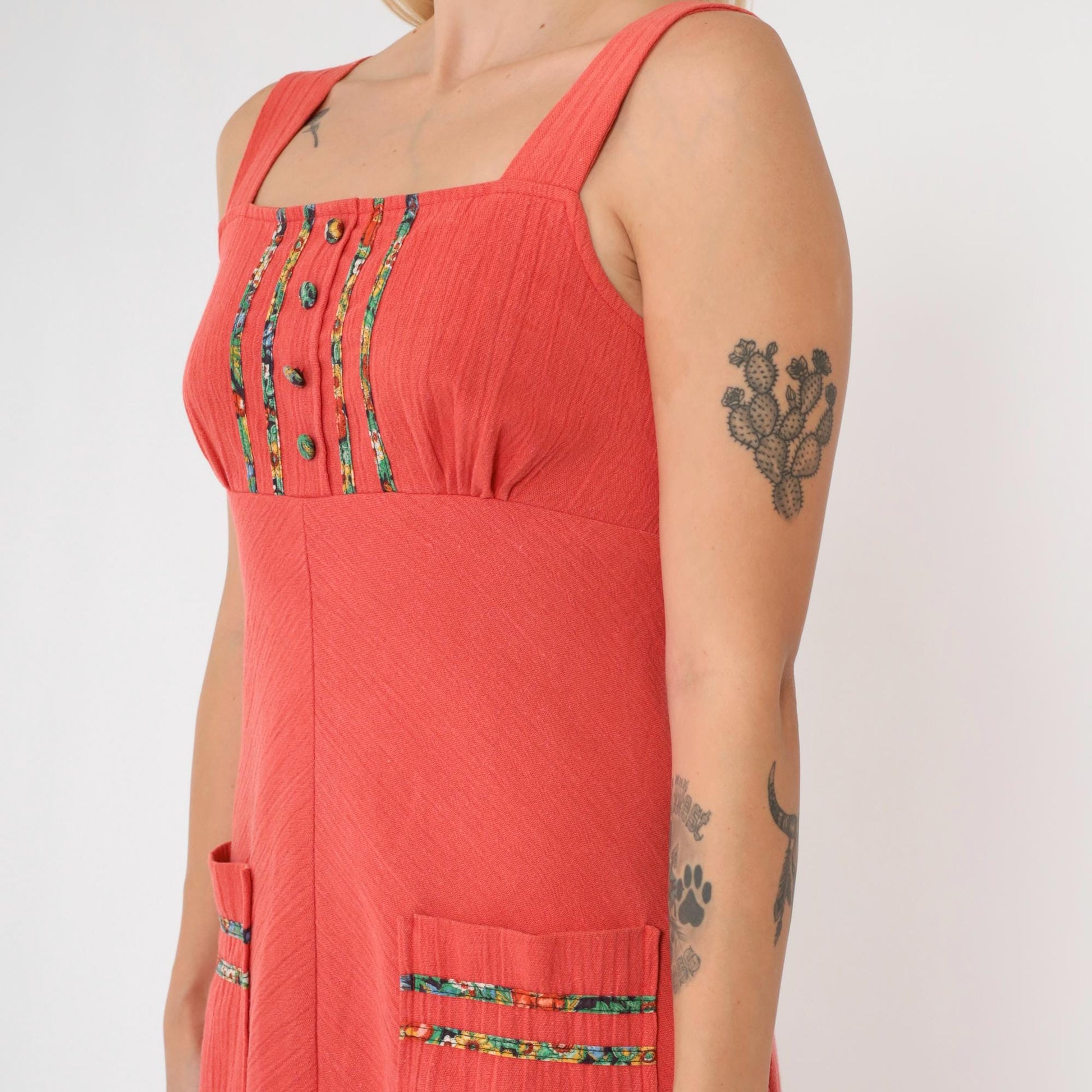 70s Coral Floral Empire Waist Midi Dress Sleeveless Cotton Blend Extra Small