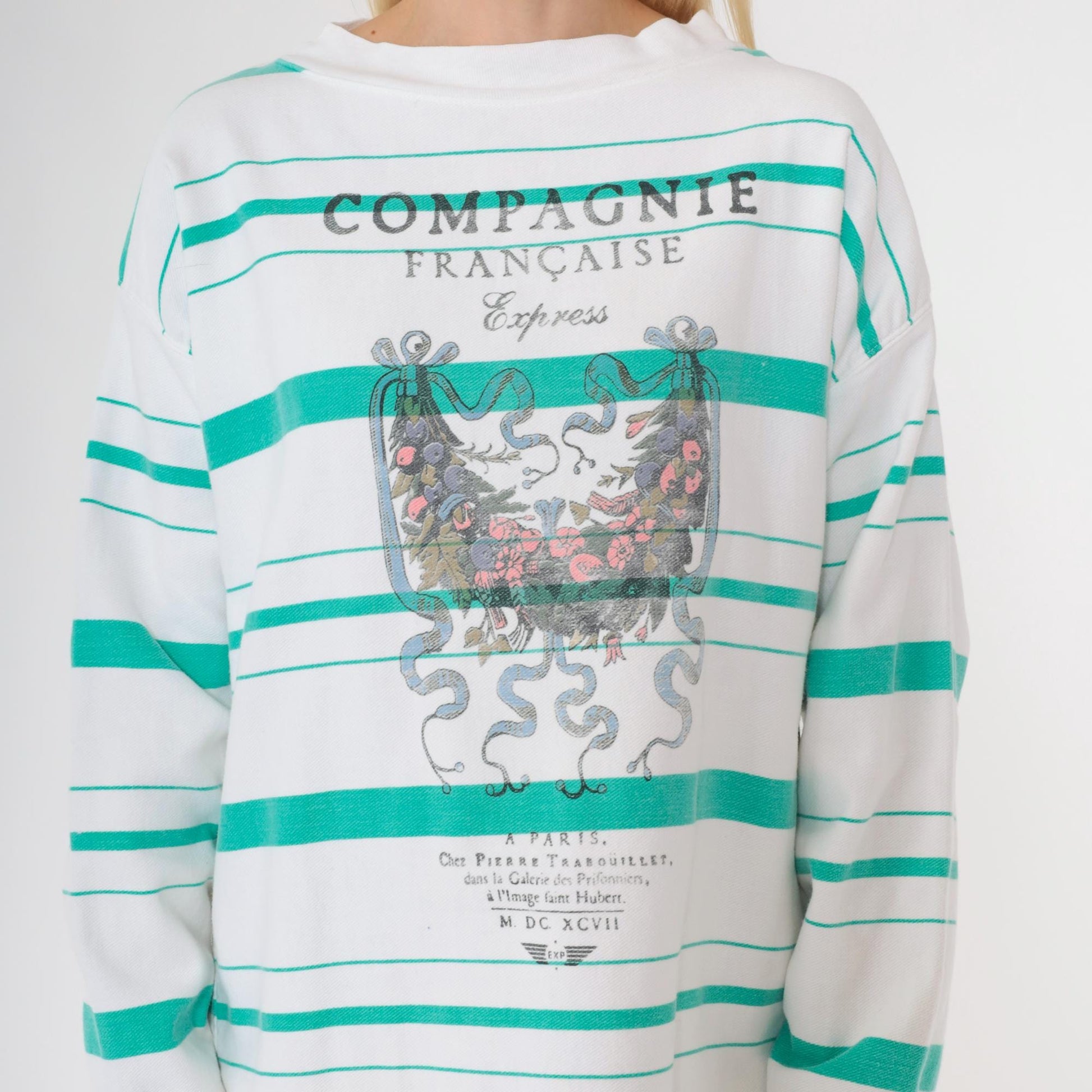 90s Compagnie Française Striped Graphic Shirt Teal White Long Sleeve Medium