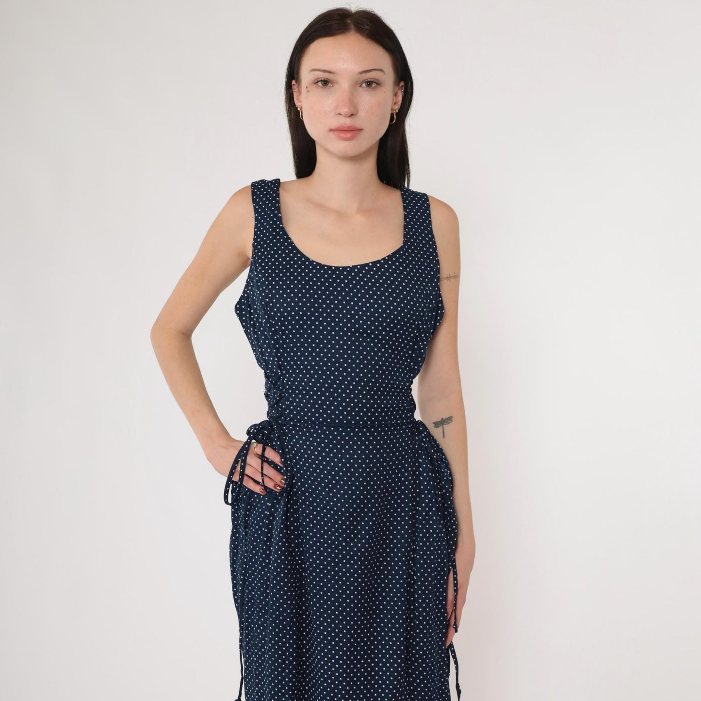 90s Navy Polka Dot Maxi Dress Sleeveless Scoop Neck Tie Waist Medium