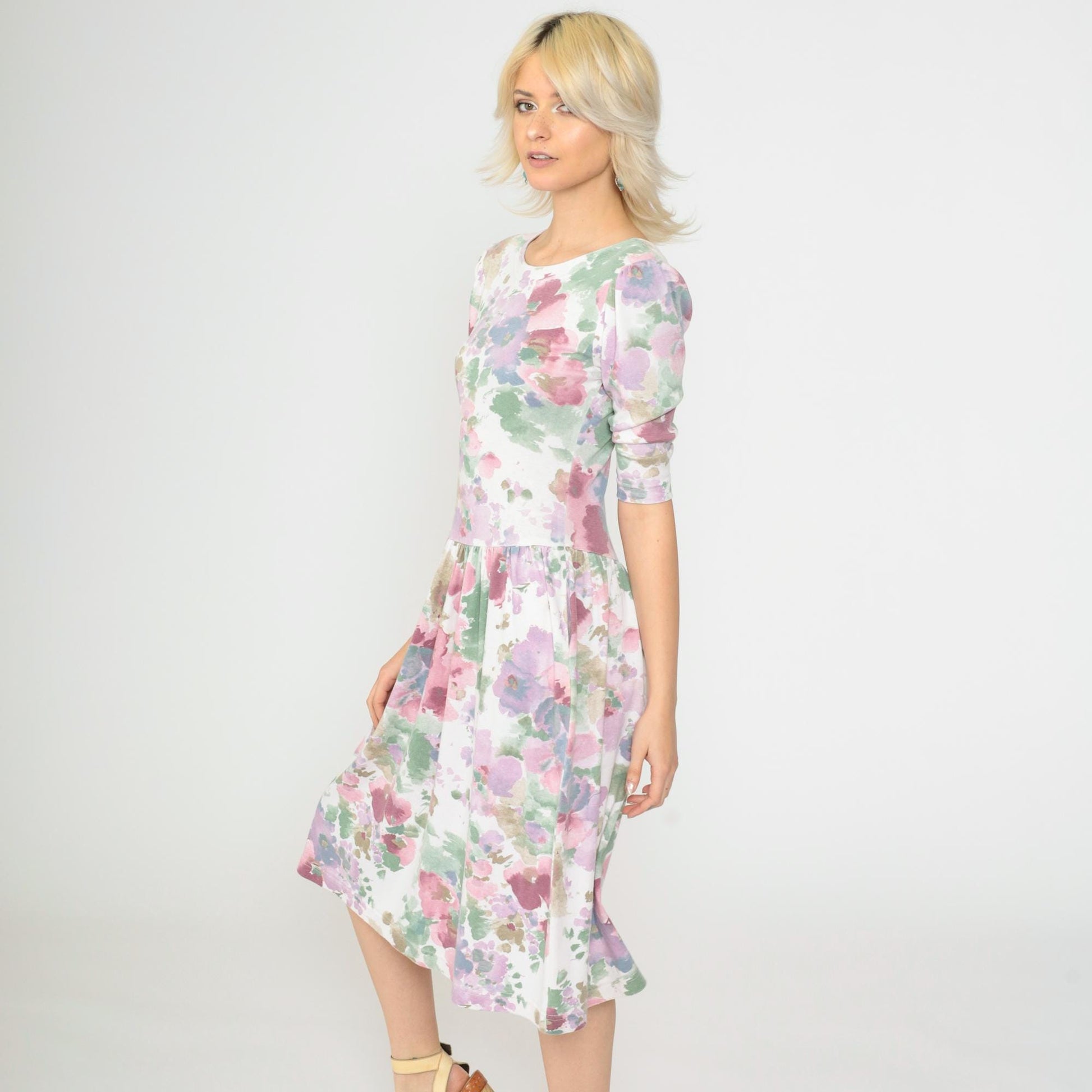 80s Floral Midi Dress Puff Sleeve Drop Waist Watercolor Print White Small