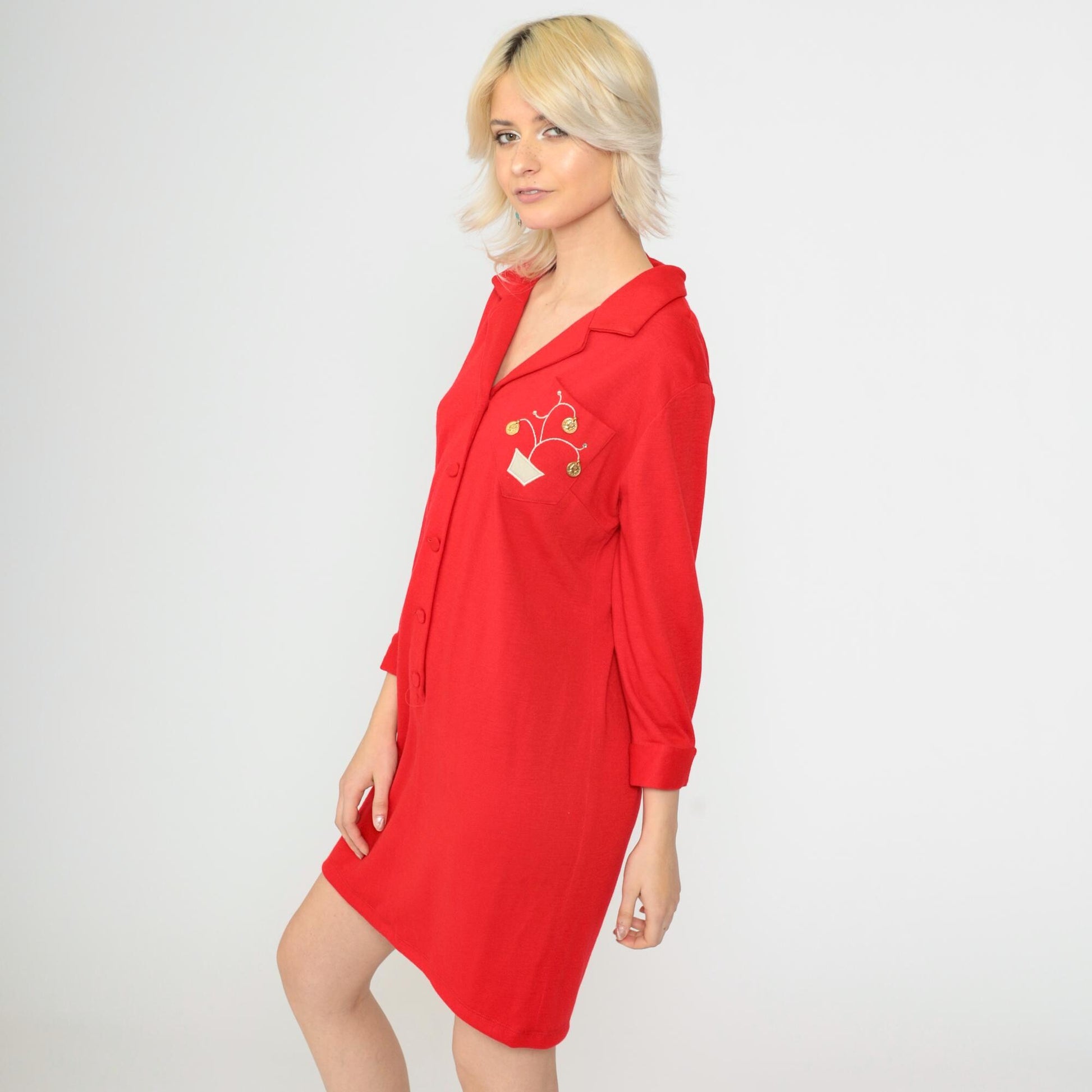 70s Red Shift Dress Embroidered Money Tree Pocket Gold Coin Rhinestone 3/4 Sleeve Mini Small